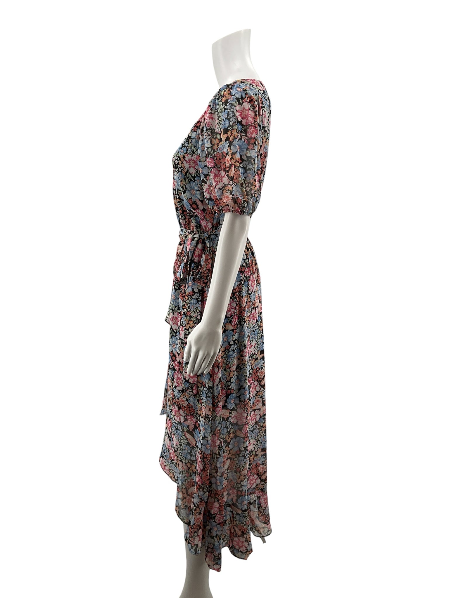 INC International Concepts blue/pink/orange Midi Floral Ruffle Wrap Midi Dress Size 4 - Size 4