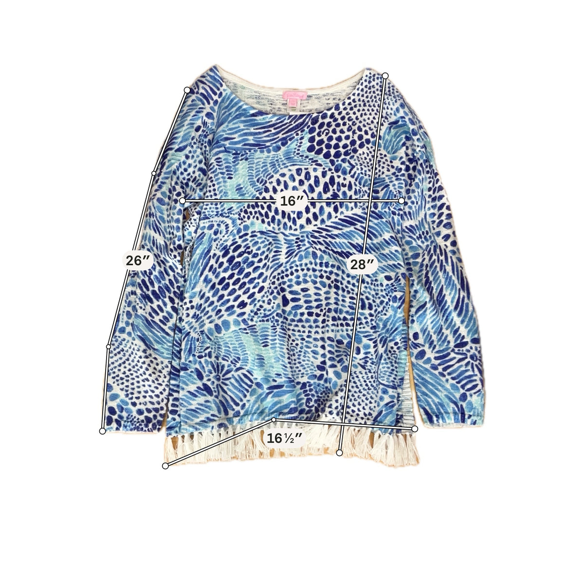 Lilly Pulitzer Tatum Sweater Seas The Day Print Fringe Hem Tunic Top Size Large