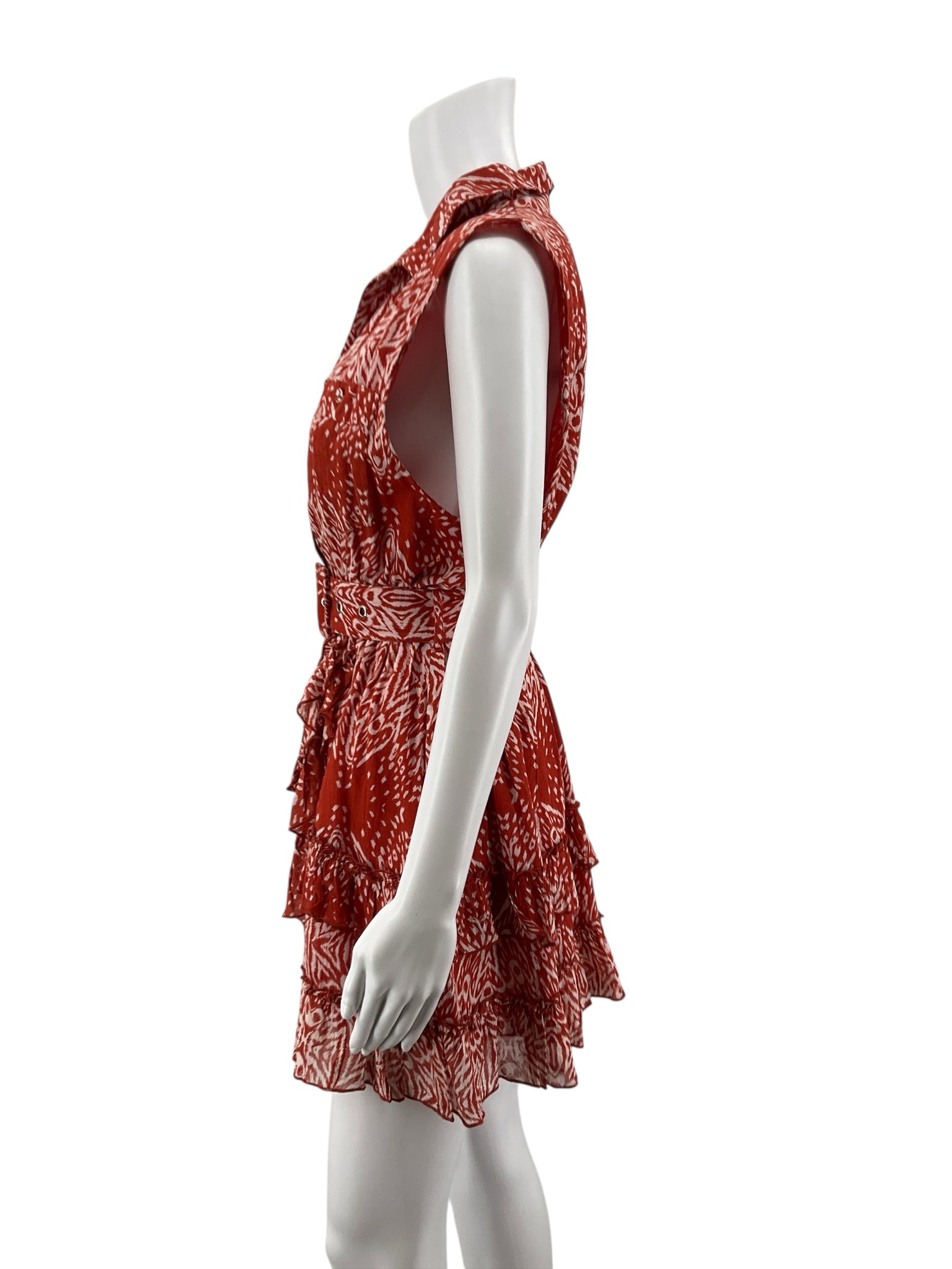 Steele Orange/tan Mini Red & White Ikat Print Cotton Tiered Mini Dress S Petite - Size sp
