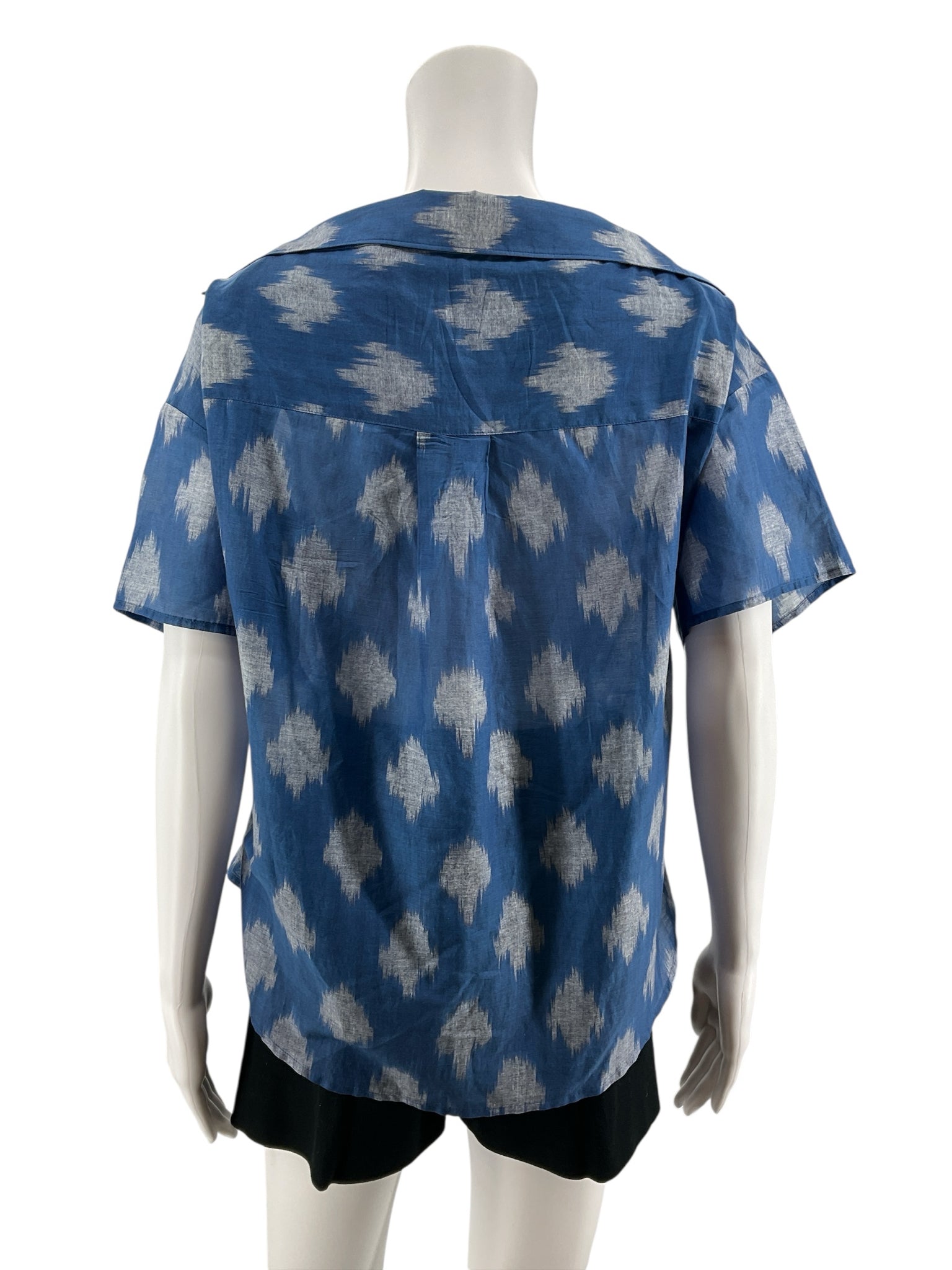 Theory Tamalee Ikat Print Cotton Silk Blouse Blue White Top Size Small