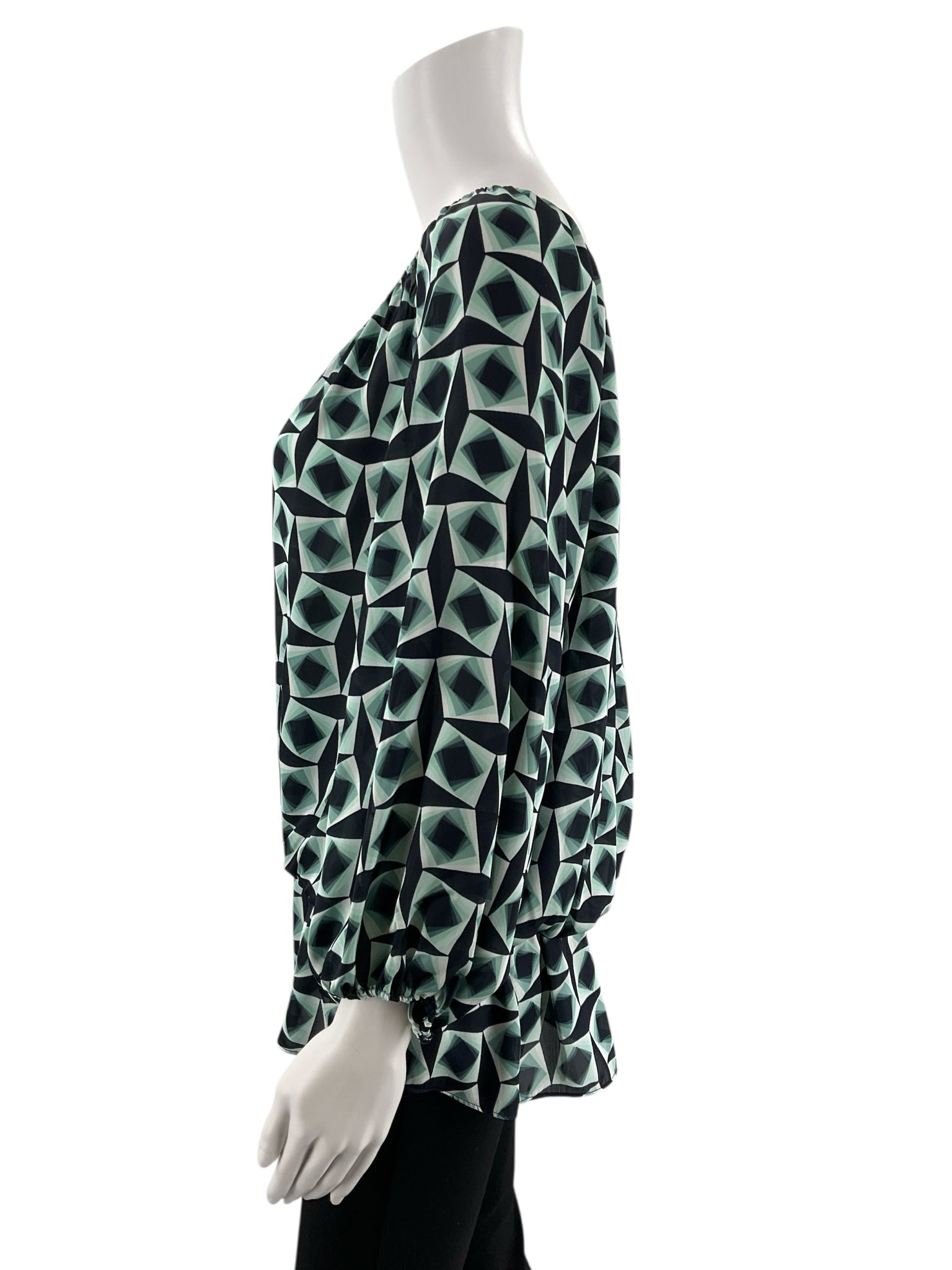 Vince Camuto off-the-shoulder peplum blouse in navy and mint green print with balloon sleeves, size large.