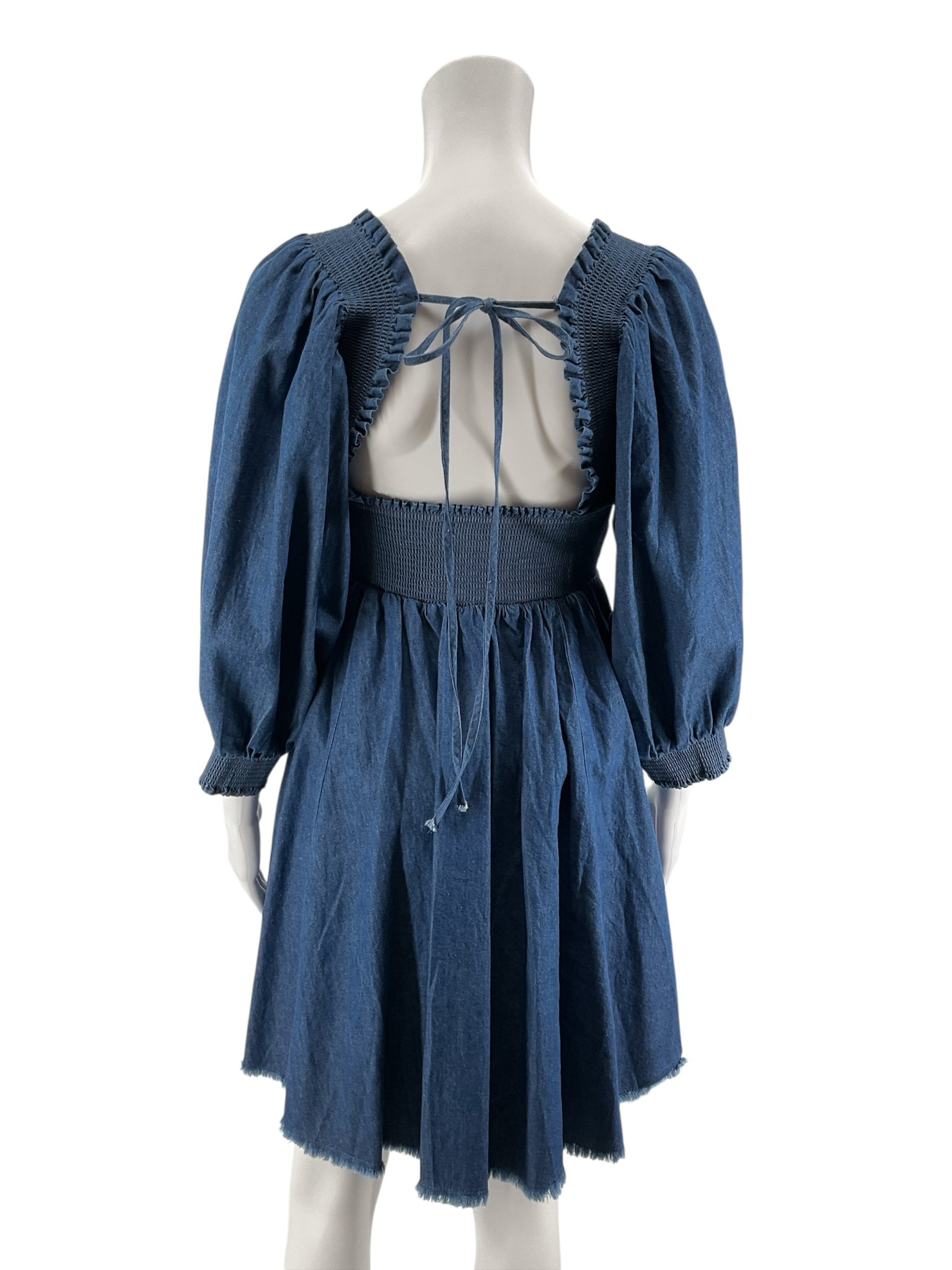 En Saison Denim Smocked Puff Sleeve Mini Dress Blue Medium