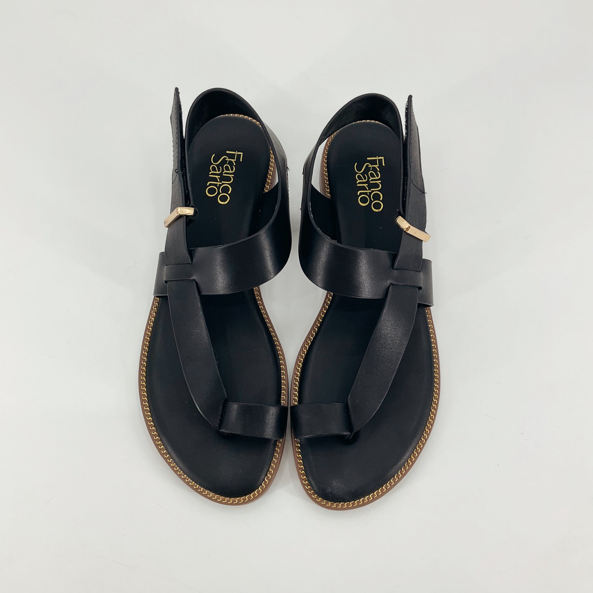 Franco Sarto Talen Black Leather Gold Chain Trim Flat Sandals Size 9.5