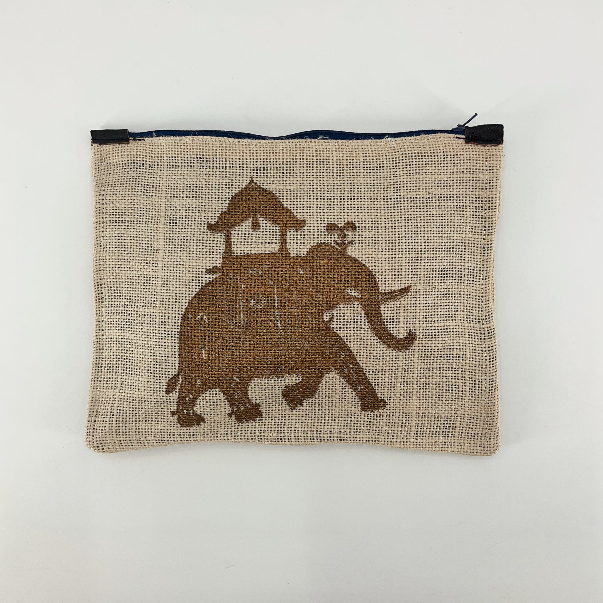 Burlap Elephant Print Zip Pouch | Tan Jute Cosmetic Travel Bag