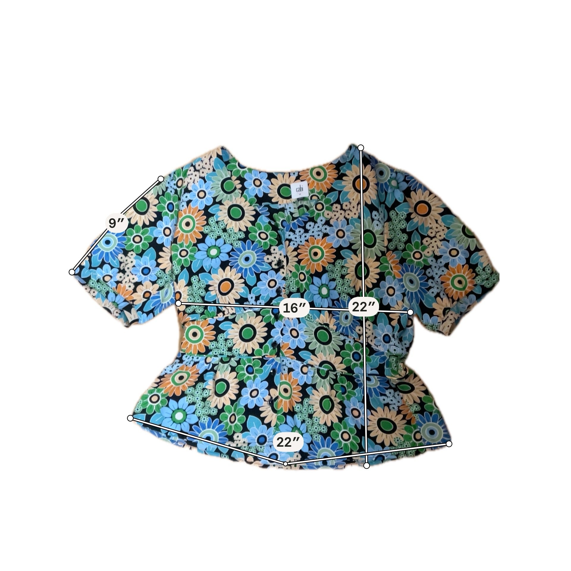 cabi blue/orange/green Peplum Heirloom Blouse Retro Floral Peplum V-Neck Top Size Medium - Size M