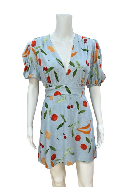 Finders Keepers Piazza Fruit Print Mini Dress Blue Multi Size 8