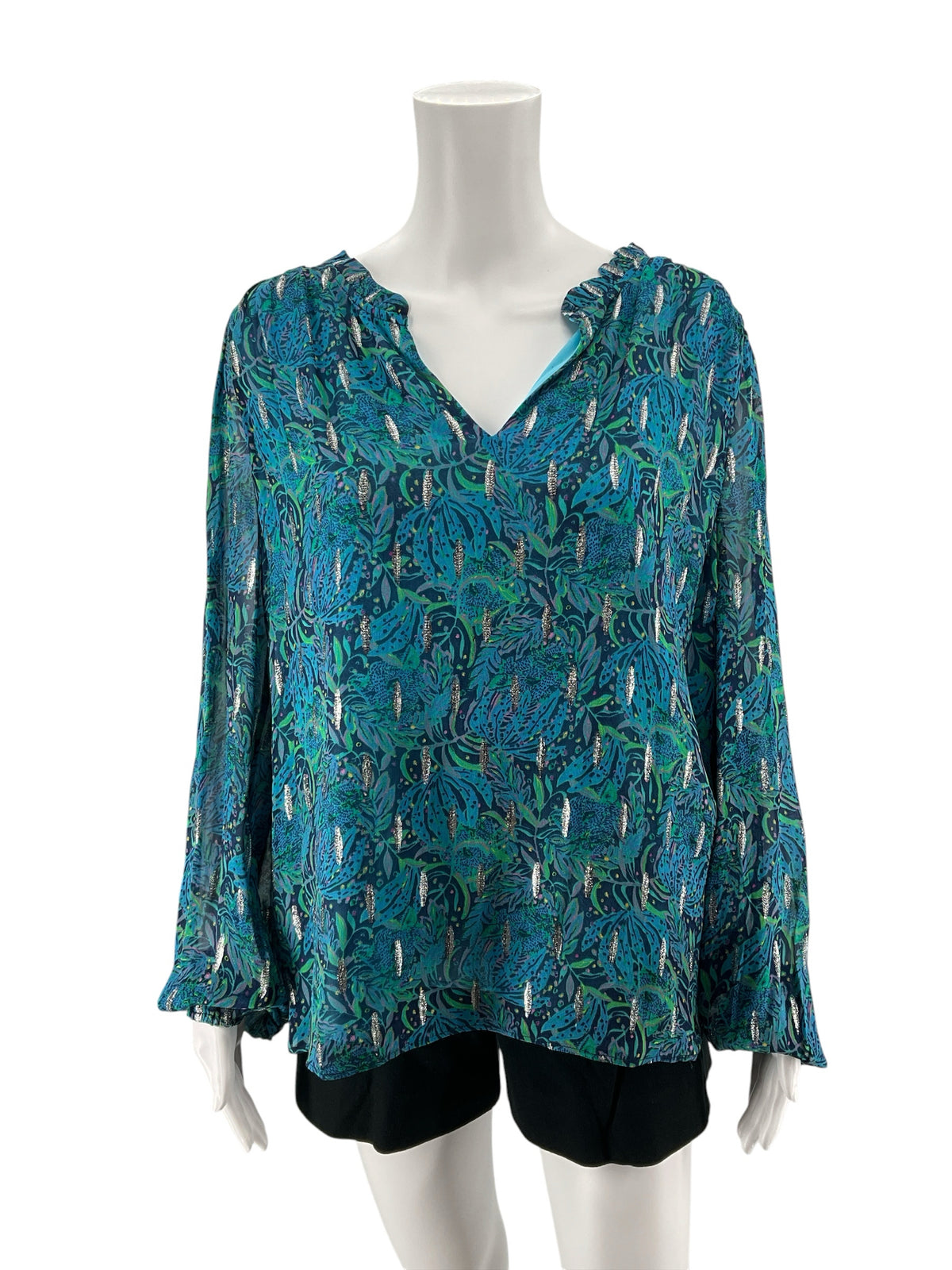 Lilly Pulitzer Kade Top Borealis Blue Wild Within Metallic Blouse Size L