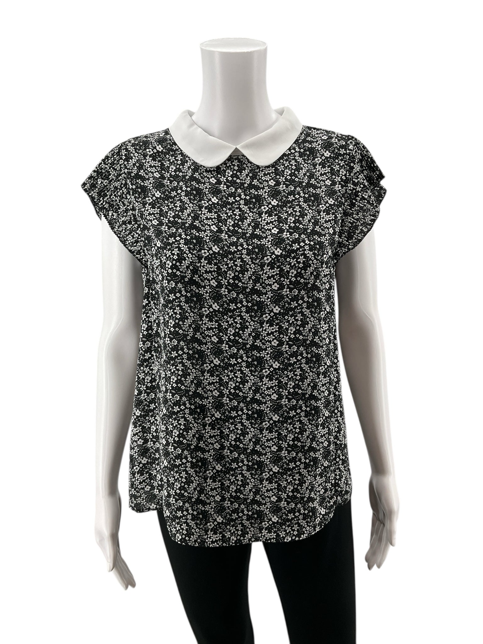 Adrianna Papell black/white Cap Sleeve Black White Ditsy Floral Peter Pan Collar Blouse Top Size Small - Size S