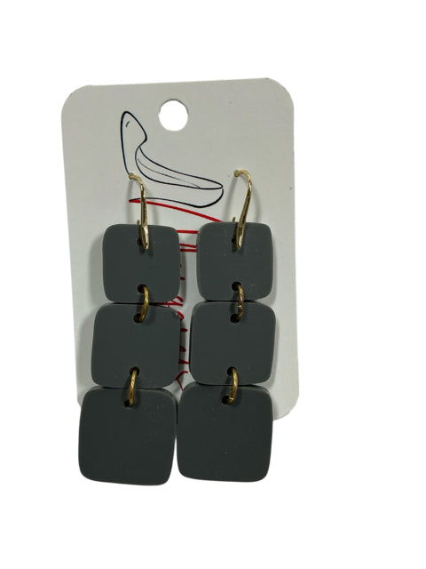Tunies Gray Geometric Triple Square Drop Earrings Gold Tone