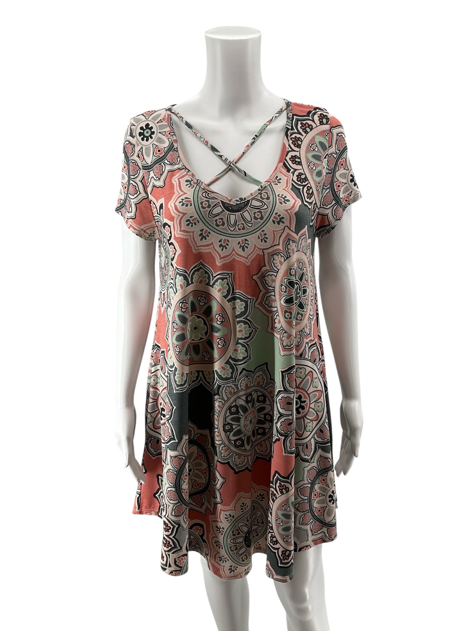 Jodifl Gray Coral Mint Medallion Print Crisscross Neck Tunic Dress Size Small