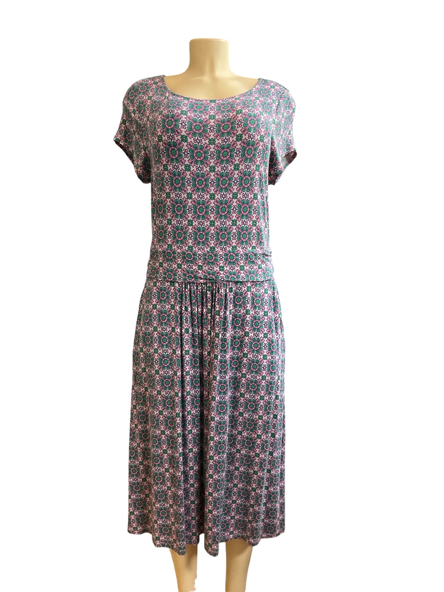 Boden Imogen Jersey Dress US 12L Geometric Tile Print Pink Green Cap Sleeve