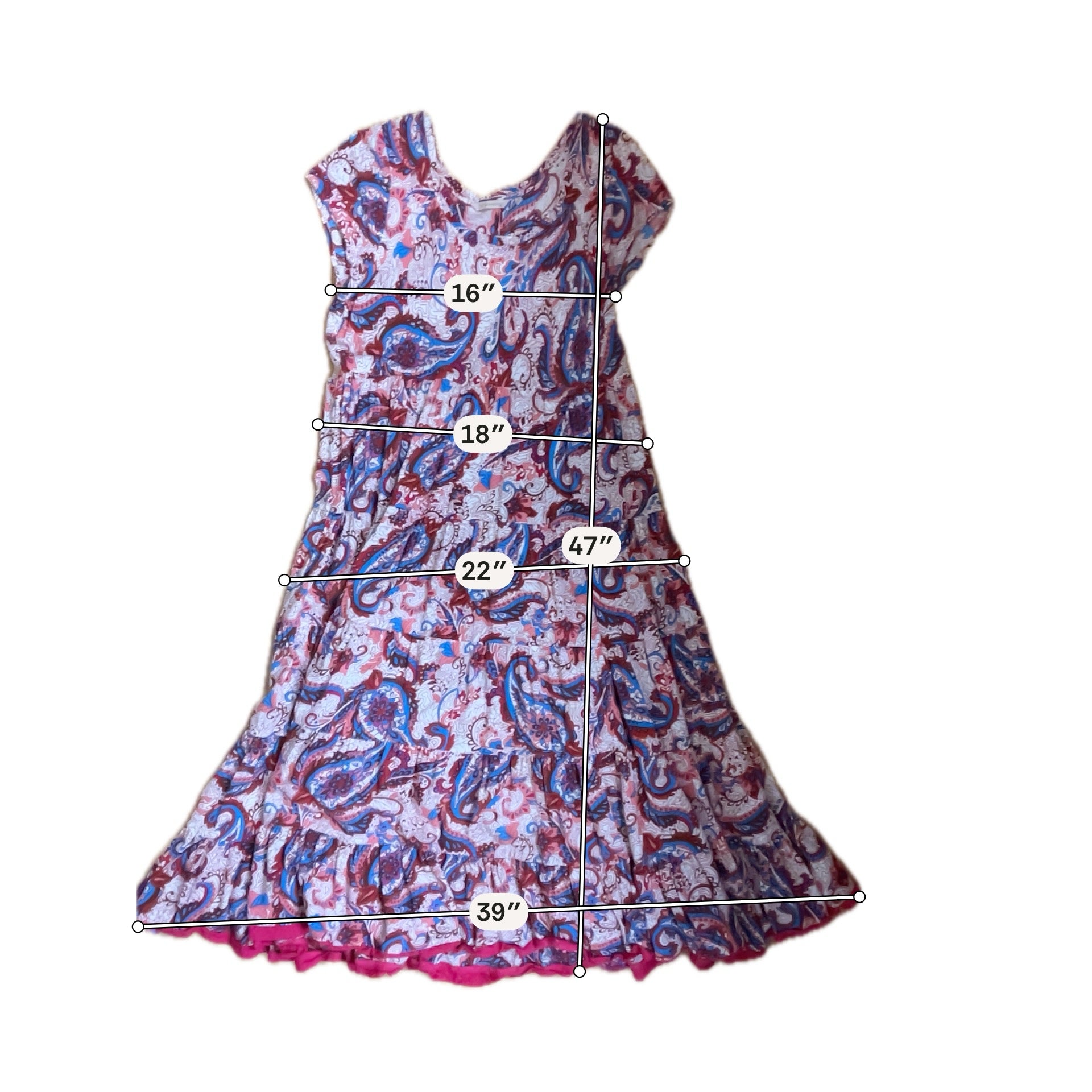 Soft Surroundings Tan/Red/Blue Boho Delphine Paisley Tiered Midi Dress Boho Cap Sleeve Size Large - Size L