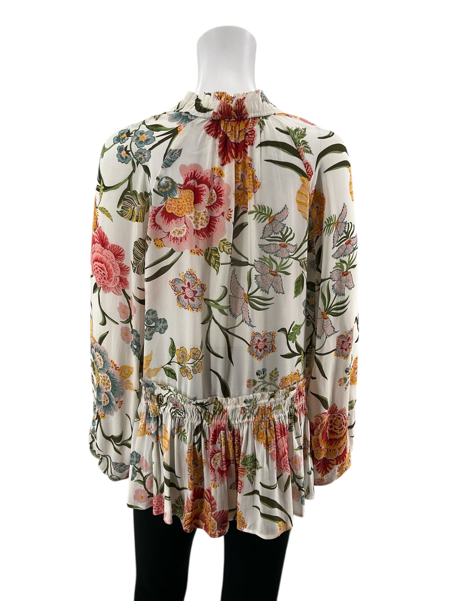 LOFT White/multi Long Sleeve Floral Smocked Tie-Neck Peplum Blouse Size Medium - Size M