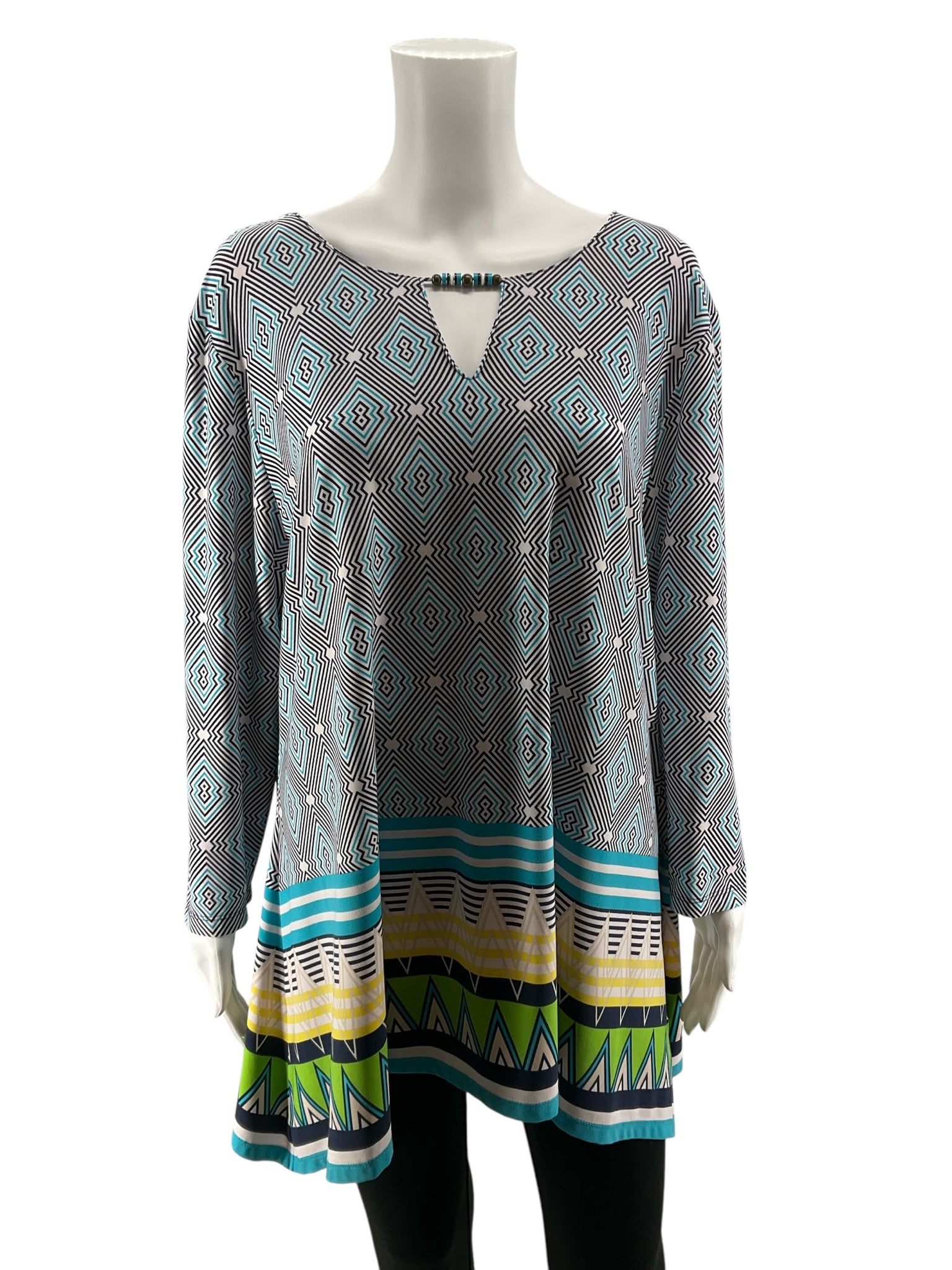 Ruby Rd. Mixed Print Tunic Top Beaded Keyhole 3/4 Sleeve Blouse | Size XL
