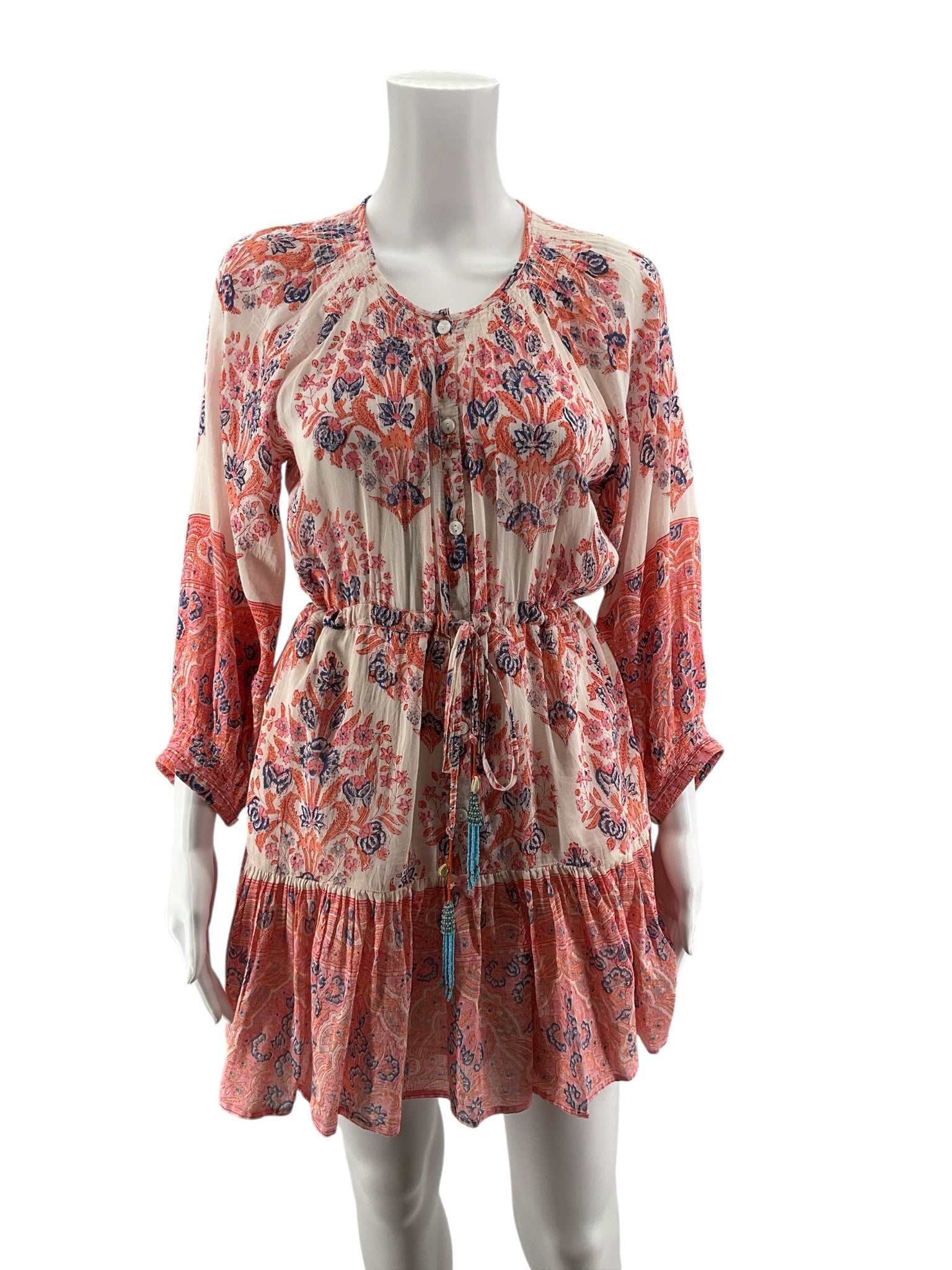 Bell Women’s Size Small White Orange Blue Floral 3/4 Sleeve Dress Pre-Owned- ONLINE ONLY