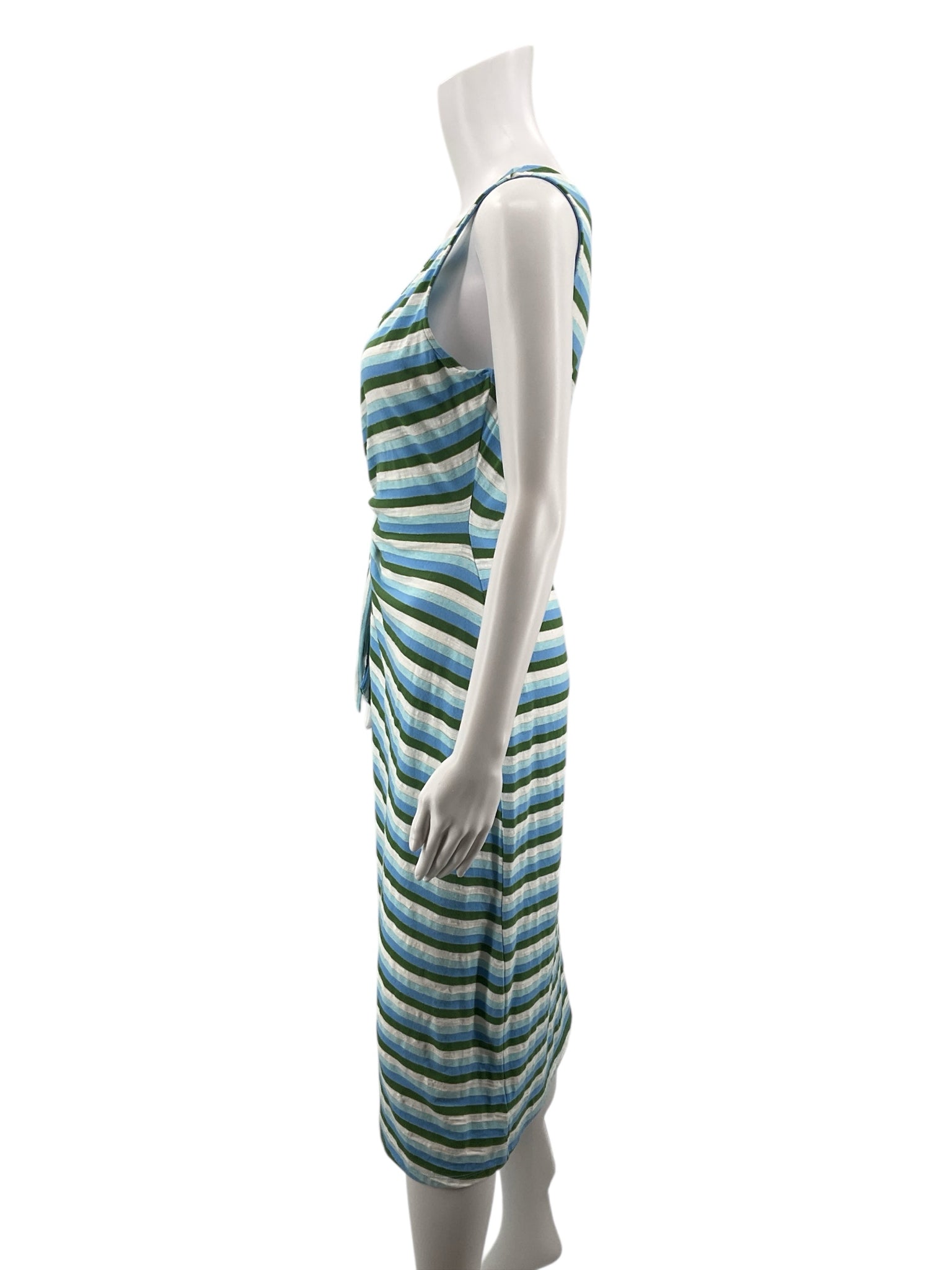 Talbots Aqua/White/Green Midi Striped Tie-Waist Midi Dress Metallic Knit Sleeveless Blue Green Medium - Size M