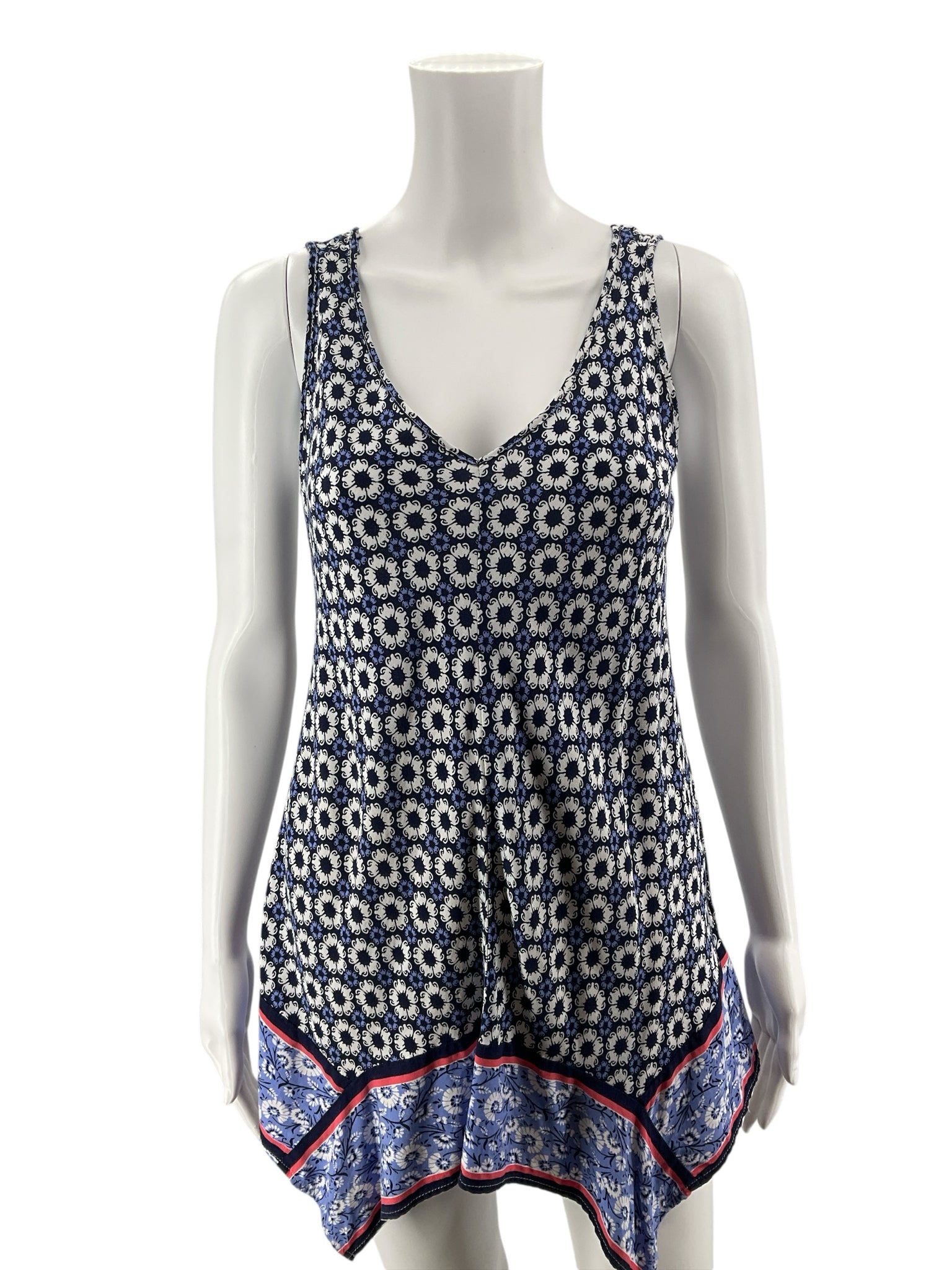 Tribal Medallion Print Handkerchief Hem Tank Top Blue White PS