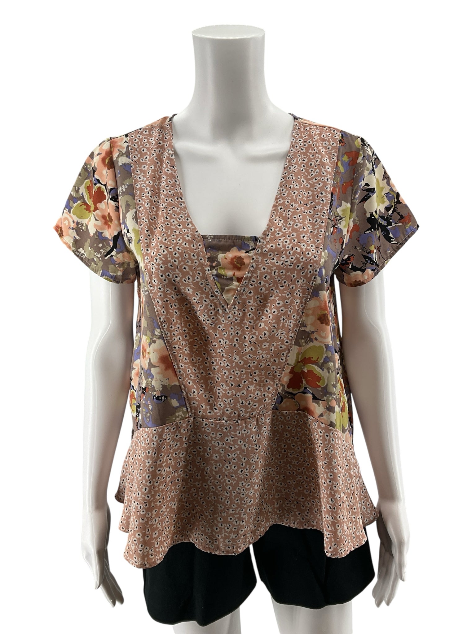 En Elle Floral Mixed-Print Peplum Blouse Size Small