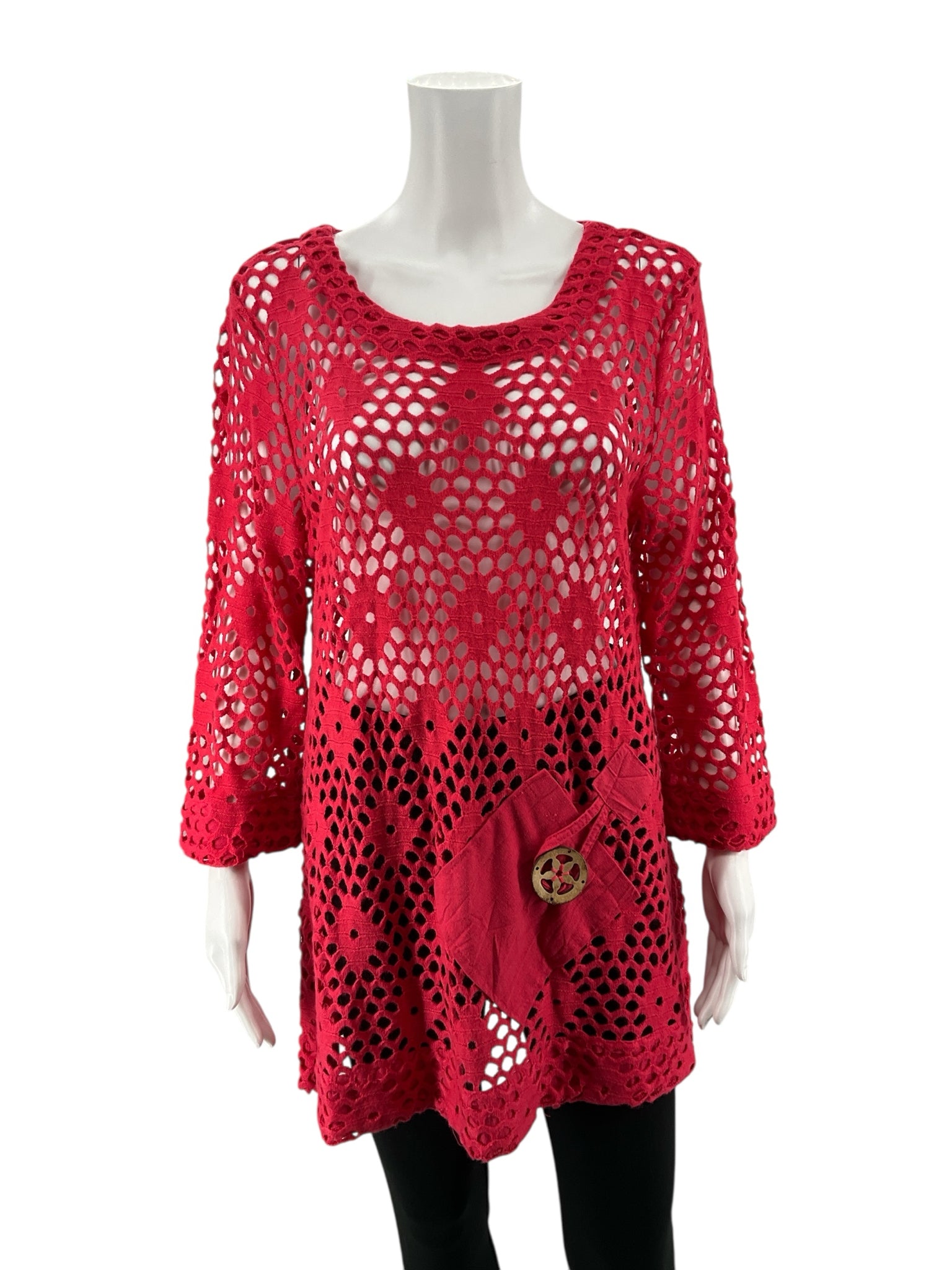 Kaktus Pink Crochet Knit Tunic Top Bohemian Artsy 3/4 Sleeve Size Large