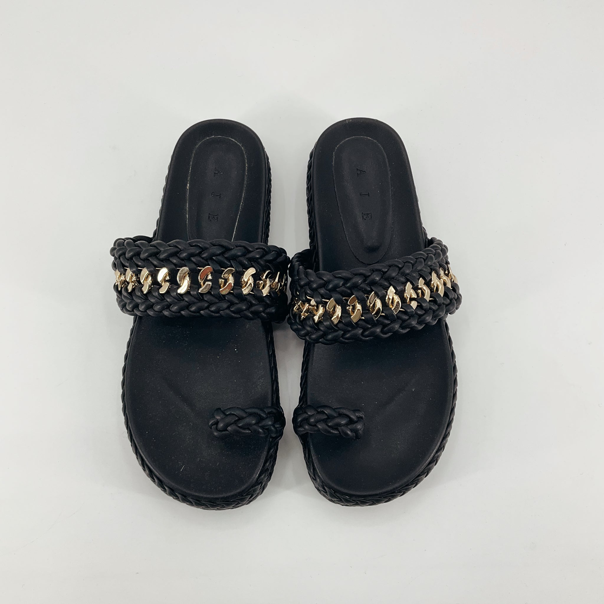 Aje Catara Braided Chain Slide Sandals Black Gold Size 7.5