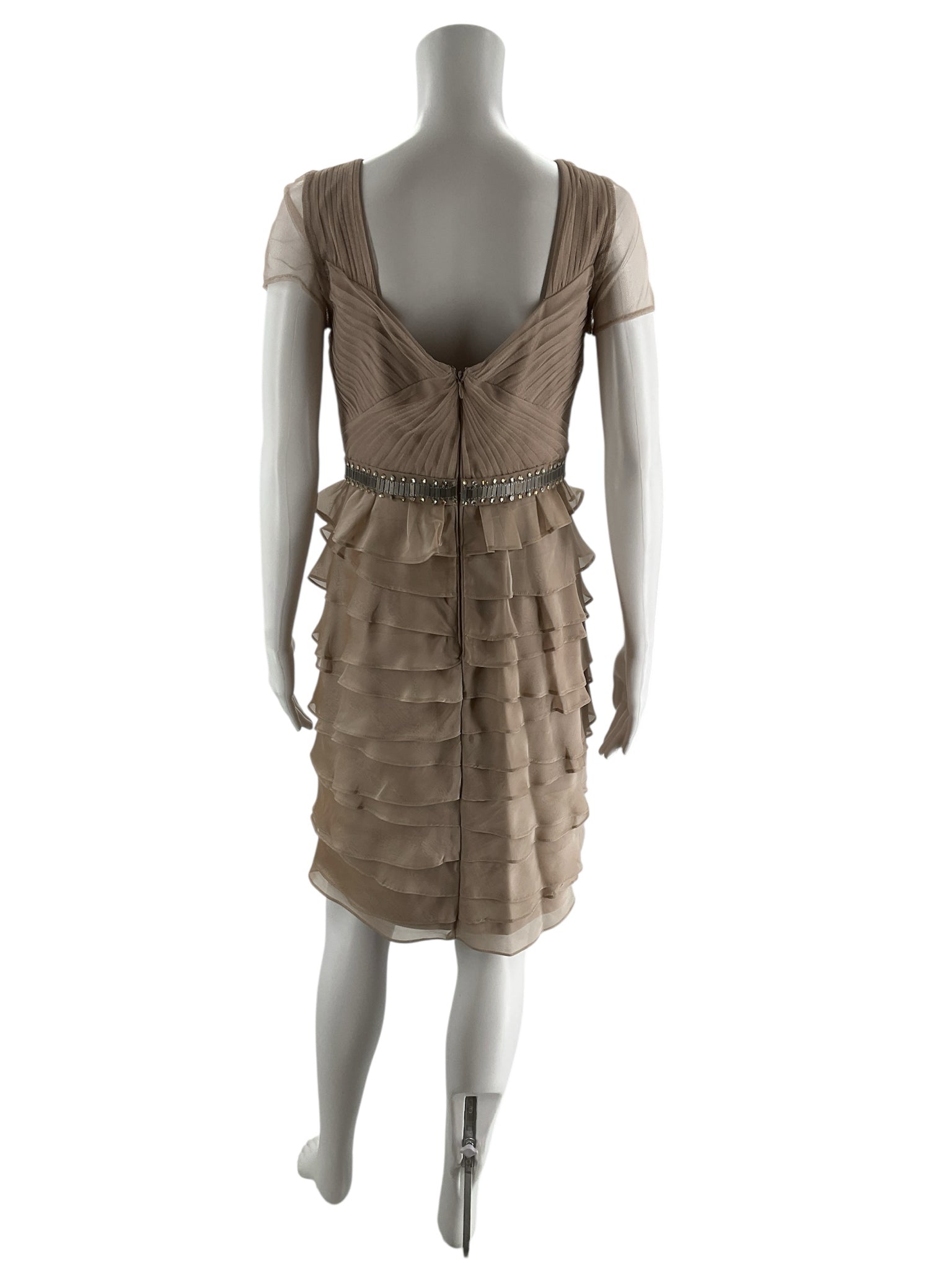 Adrianna Papell taupe ruffle dress size 6, featuring layered ruffles and a flattering silhouette for ladies.
