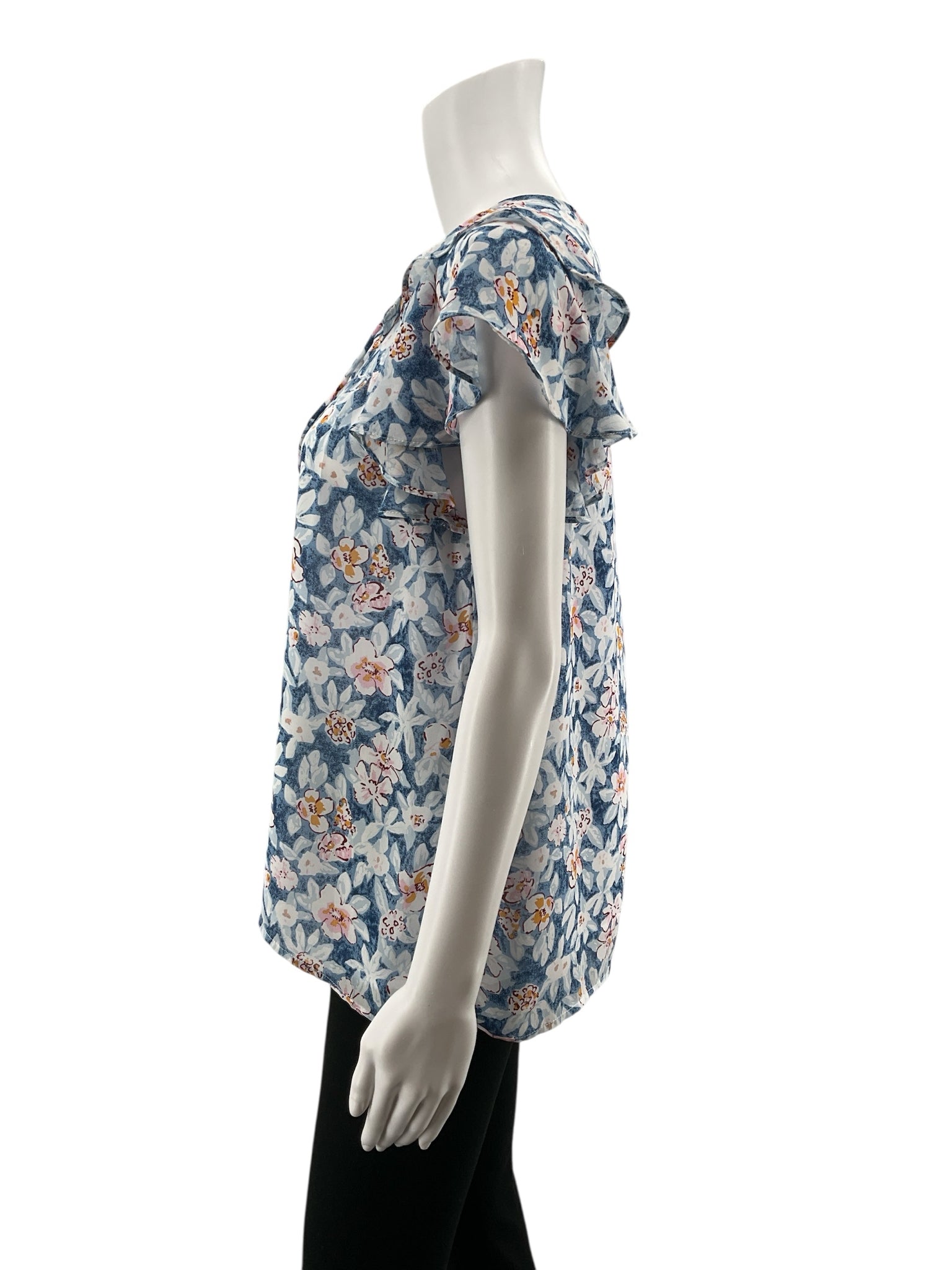 Melloday Floral Ruffle V-Neck Blouse Size Medium Blue White