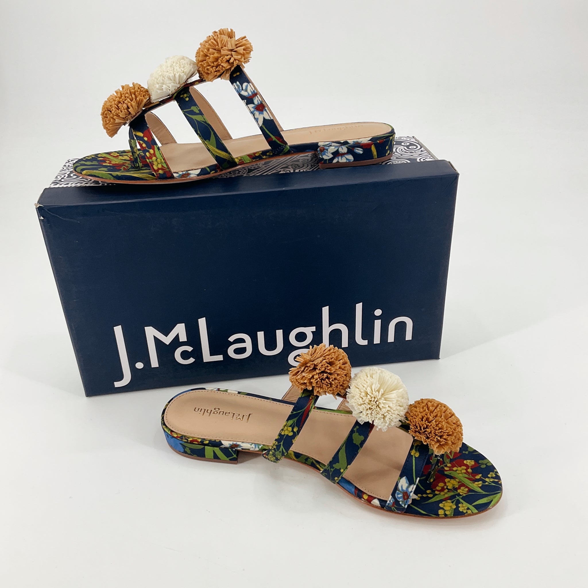 J. McLaughlin Floral Print Raffia Pom-Pom Slide Sandals | Size 10 | New With Tags