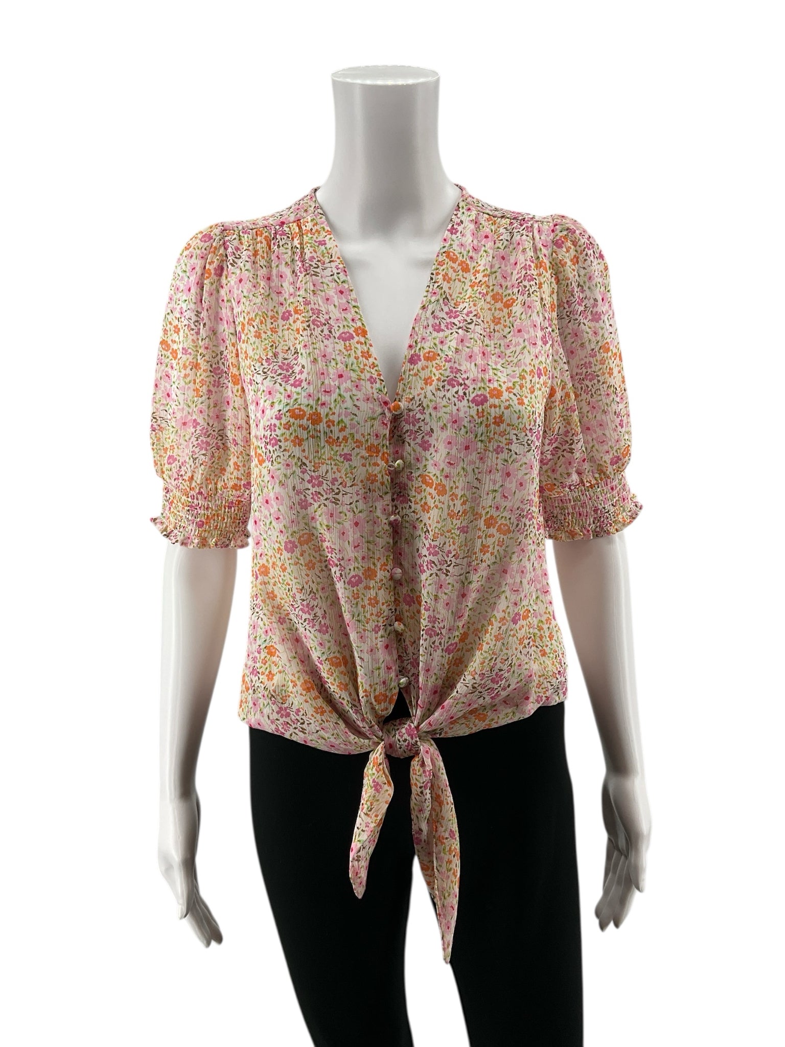 Tamara H. by Tahari white/pink/orange/green/gold Short Sleeve Petite Floral Tie-Front Puff Sleeve Blouse Gold Thread XS - Size XS
