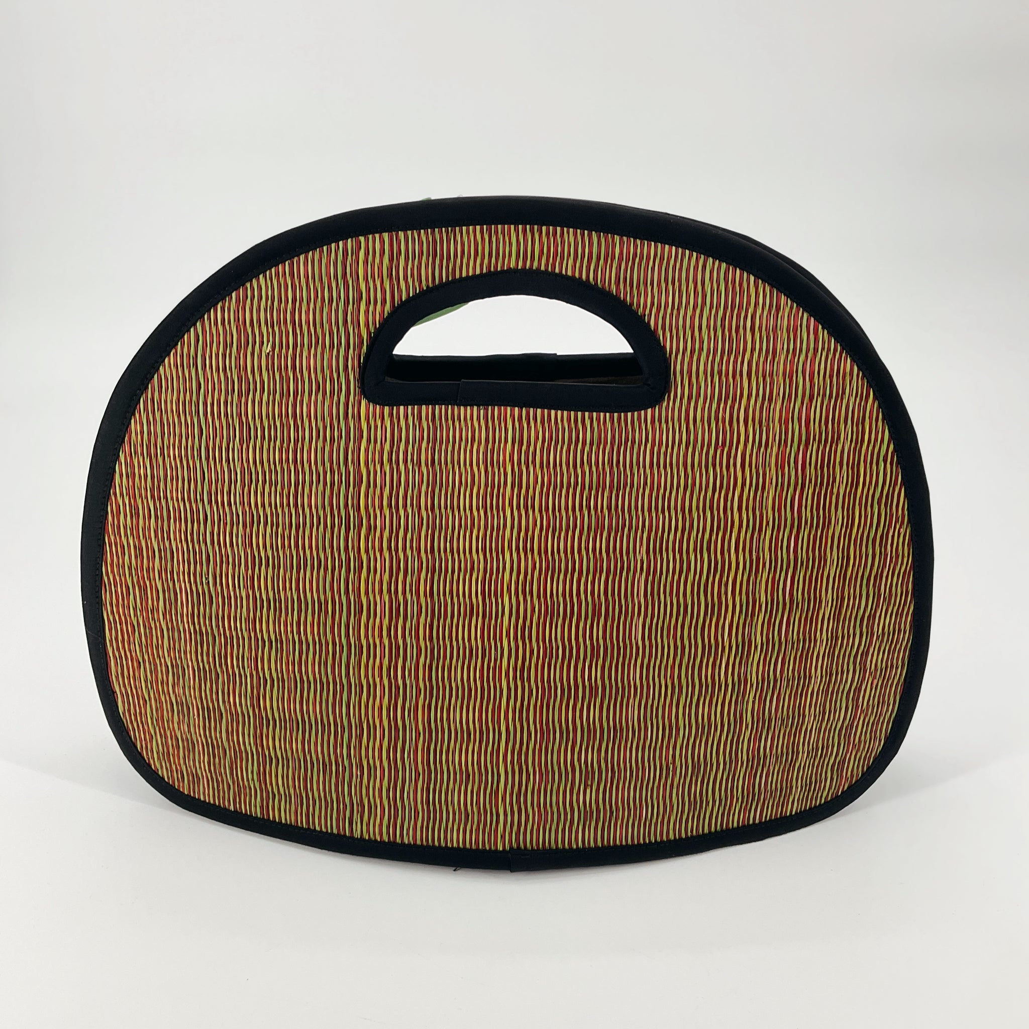 Baskets of Cambodia Woven Tote Bag Black Green Pink Striped Neoprene Handle