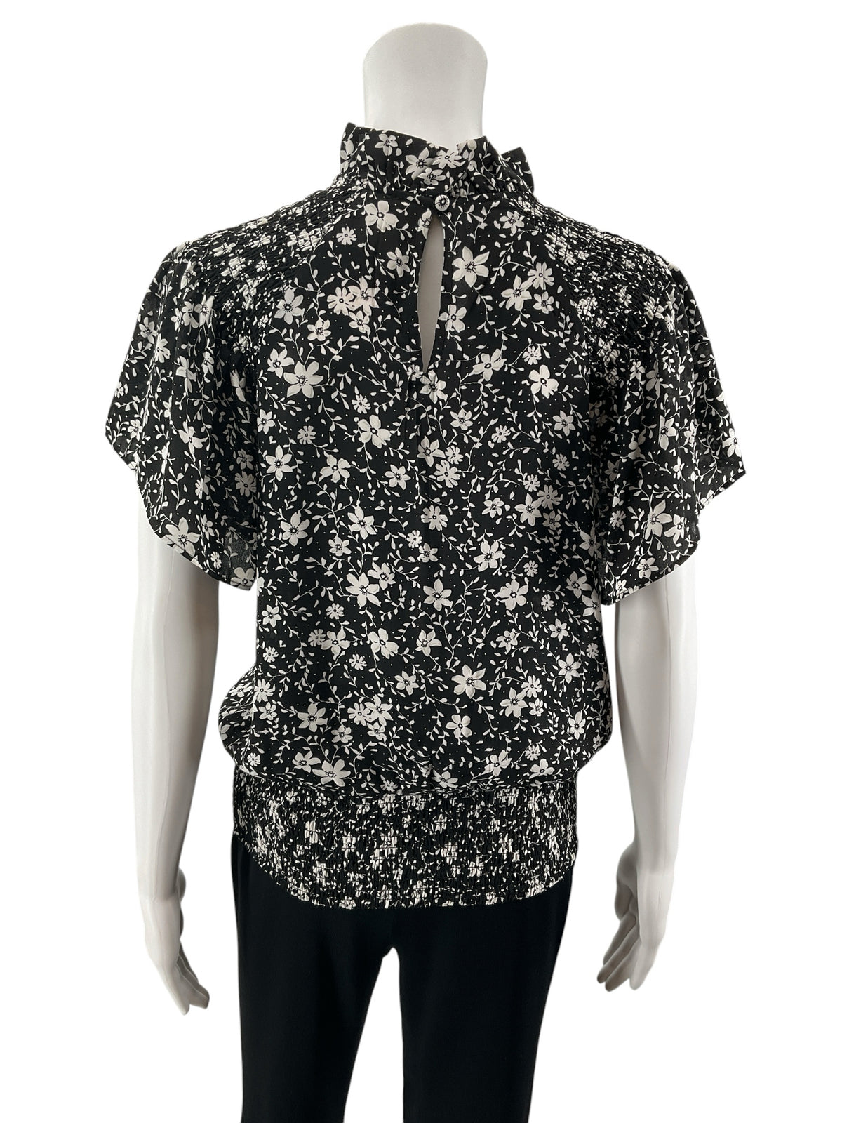 Ann Taylor Black, White Floral Smocked Ruffle Mock Neck Blouse - Size XS - ONLINE ONLY