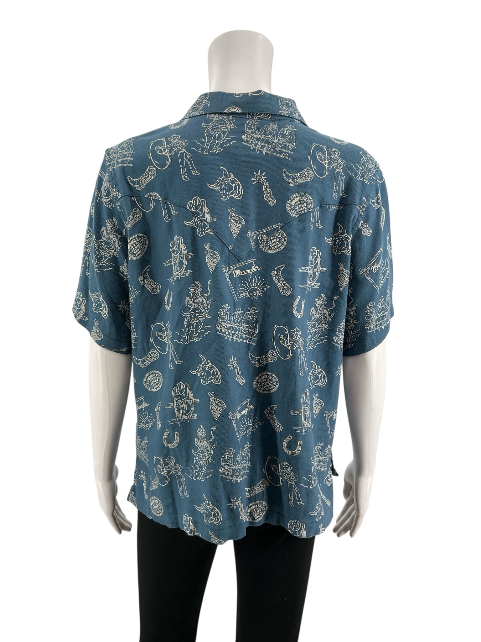 Wrangler Blue/Tan Button Down Western Rodeo Print Camp Shirt Women&