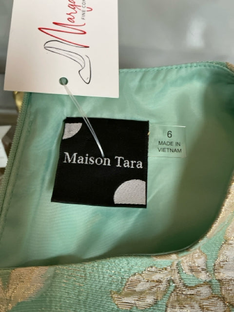 Maison Tara Aqua Gold Floral Metallic Jacquard Fit & Flare Dress Size 6