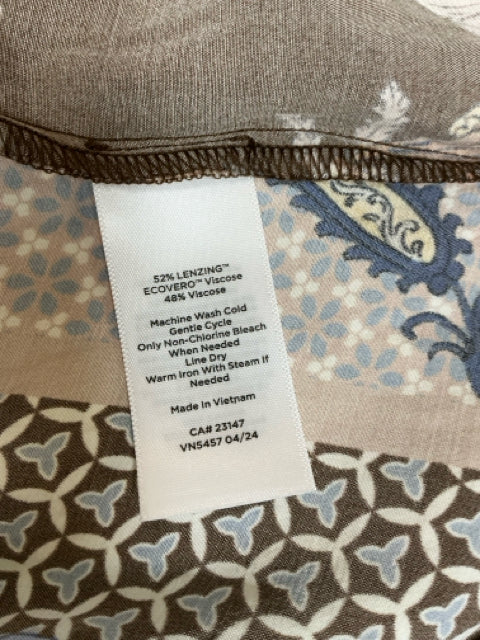 Close-up of fabric tag on Talbots Patchwork Floral Shirt Dress, showing LENZING ECOVERO viscose blend and care instructions.