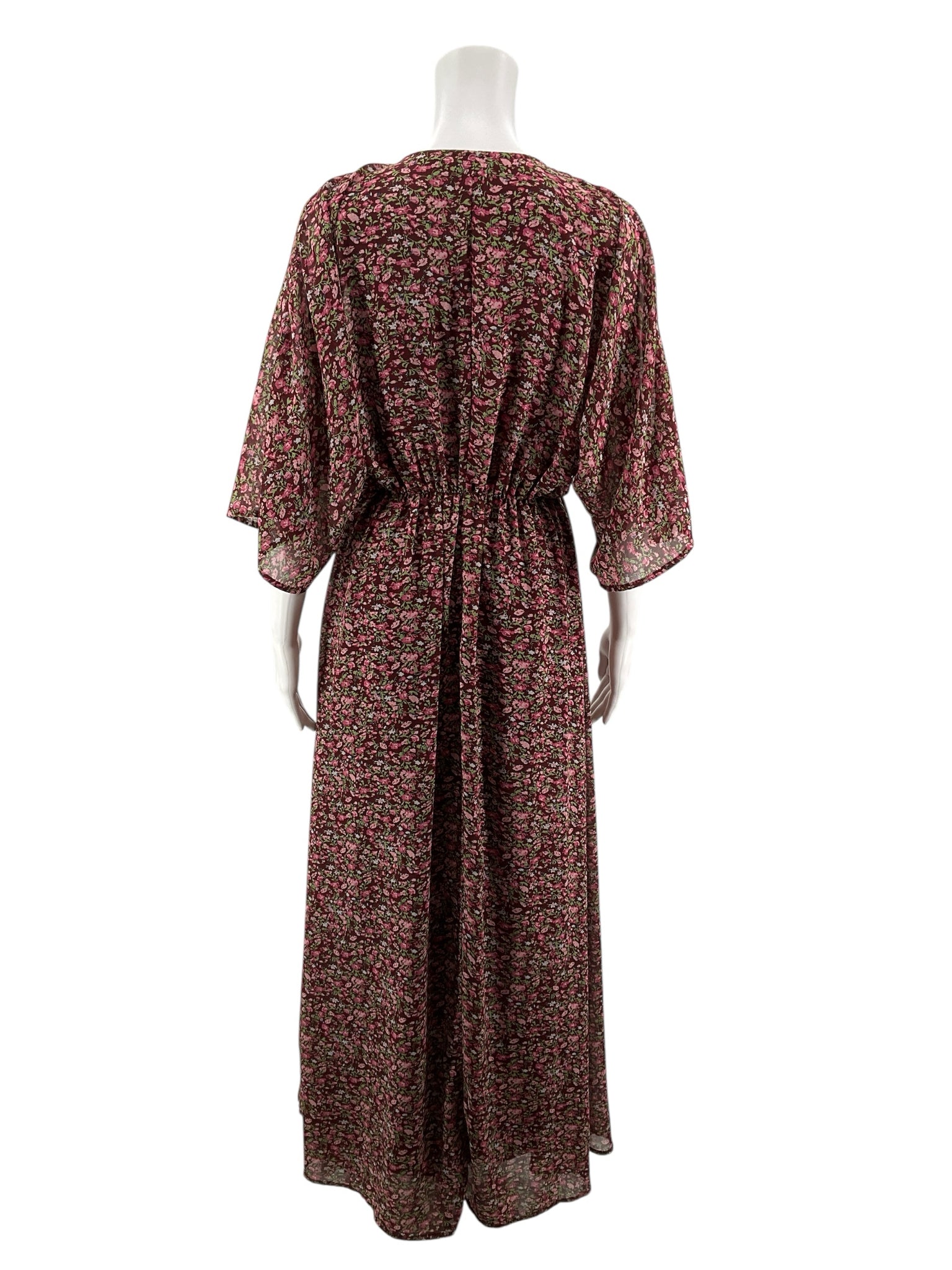 Entro Floral Flutter Sleeve Midi Dress Burgundy V-Neck Size Small