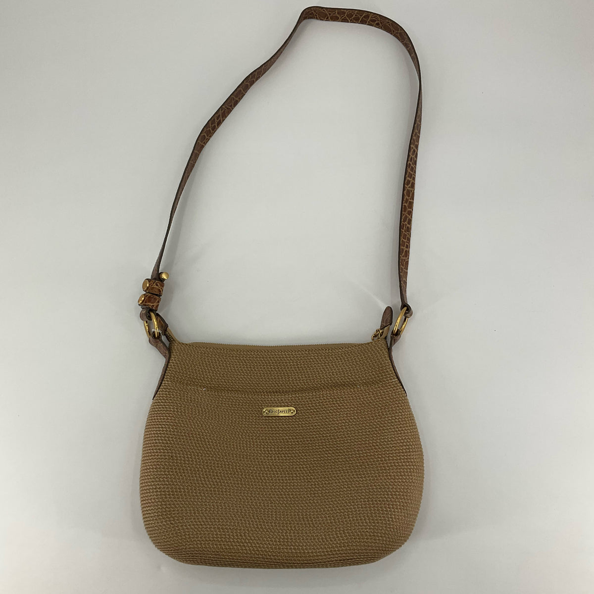 Eric Javits Lil Mambo Squishee Woven Crossbody Bag Brown Croc Leather Trim