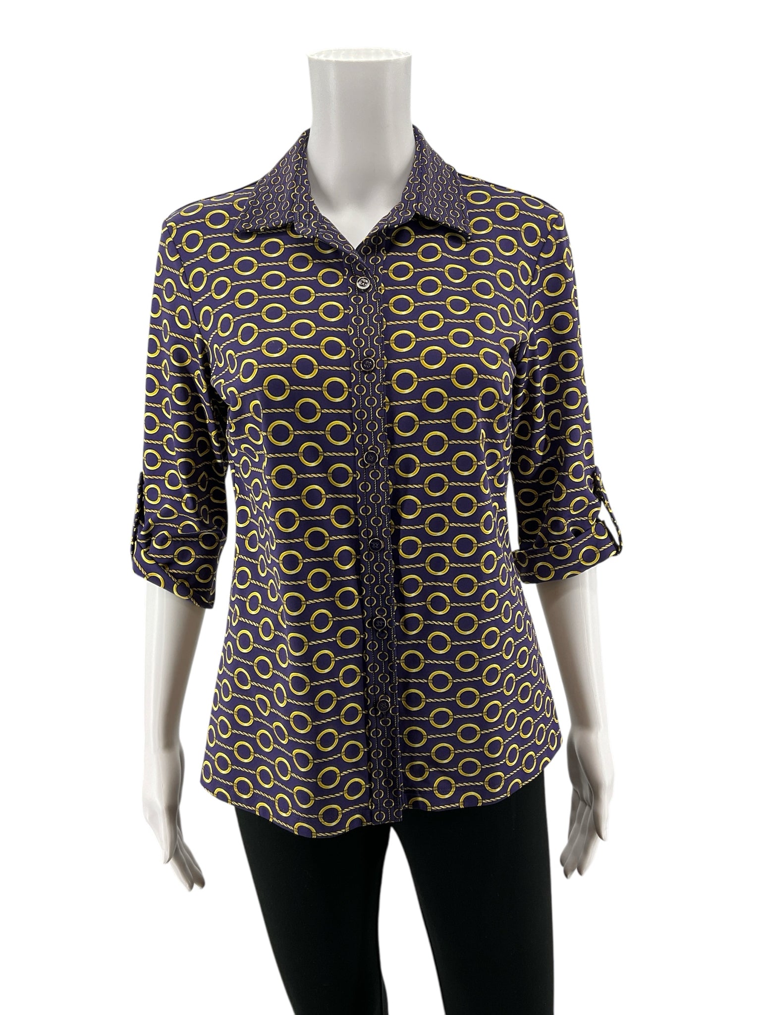 J. McLaughlin Navy/Gold 3/4 Sleeve Catalina Cloth Chain Print Top Navy Gold Size Small - Size S