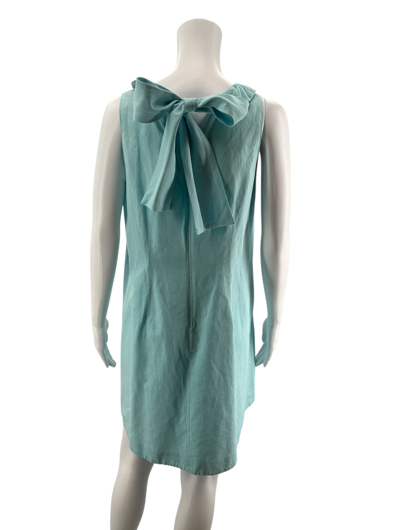 Tyler Boe Ruffle Neck Bow Back Linen Blend Shift Dress Size S Aqua
