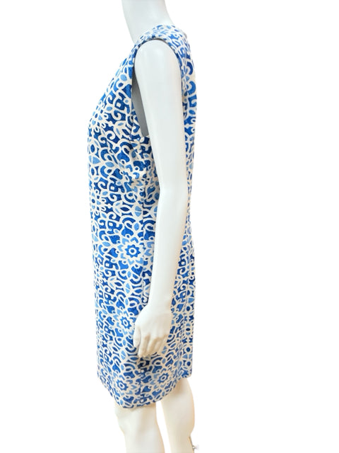 J. Mclaughlin White/Blue Print Pre-Owned Ladies Dress - Size Large