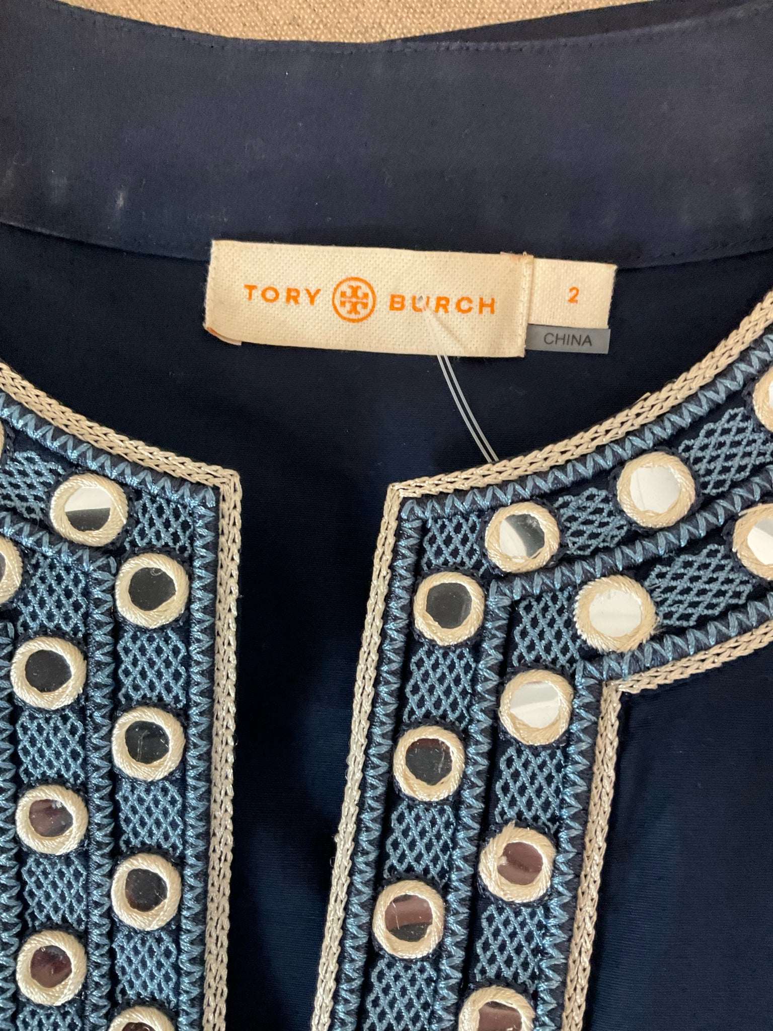 Tory Burch Navy 3/4 Sleeve Harper Tunic Navy Blue Mirror Embroidered Bell Sleeve Top Size 2 - Size 2