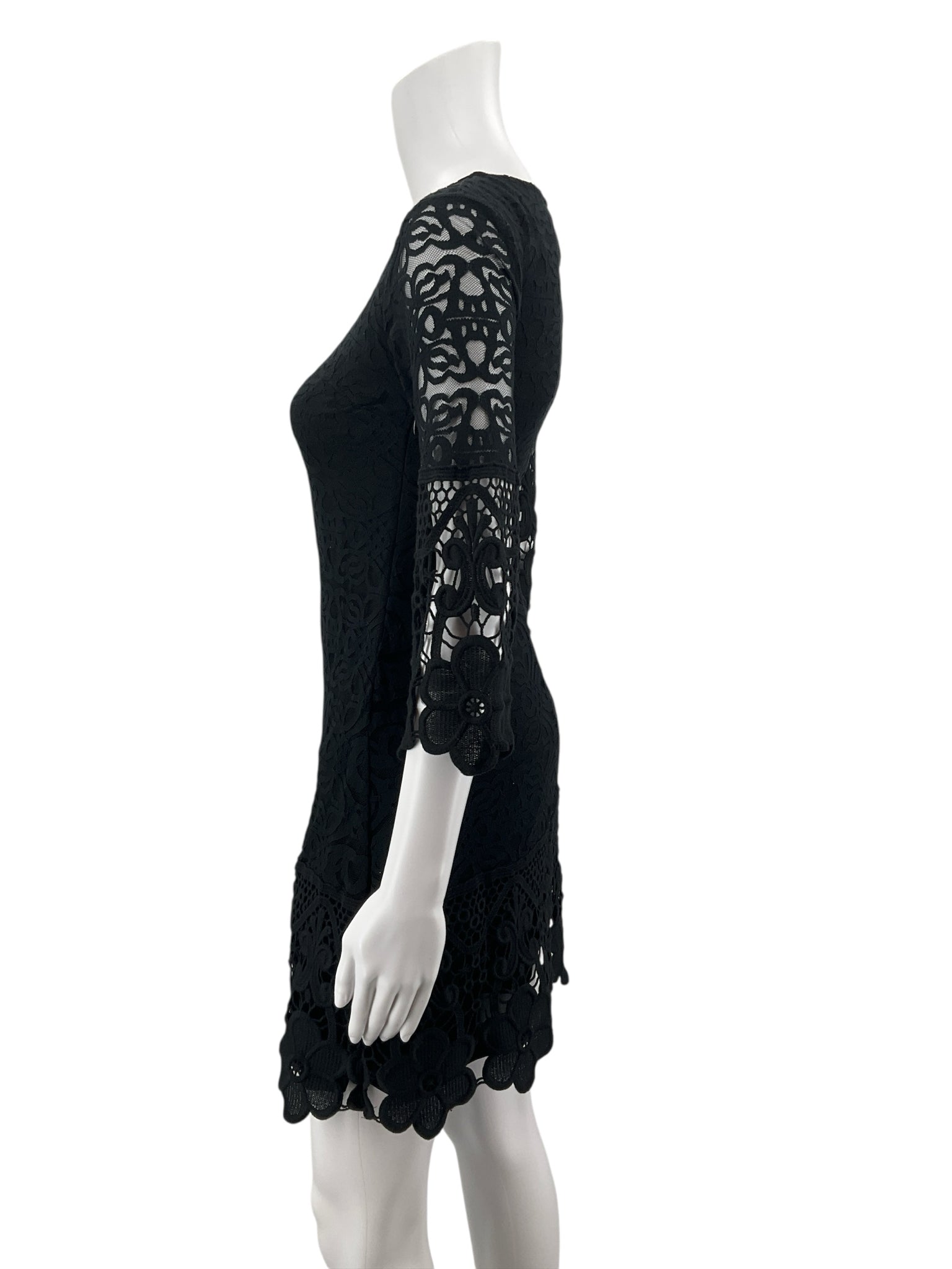 Alfani Petite Black Crochet Lace Bell Sleeve Tiered Mini Dress PP