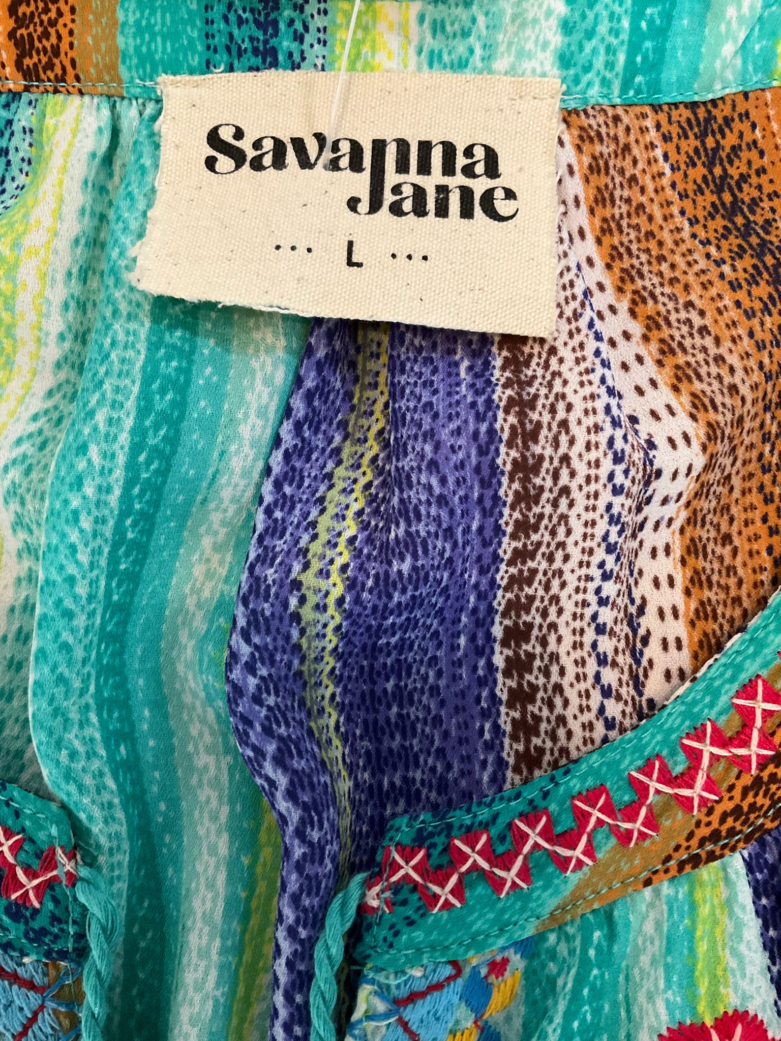 Savanna Jane Floral Embroidered Tassel Tie Tunic Top Size Large