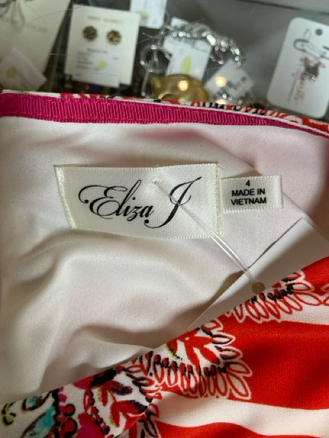 Eliza J Floral Shift Dress Size 4 White Orange Navy Elbow Sleeve Stretch Knit