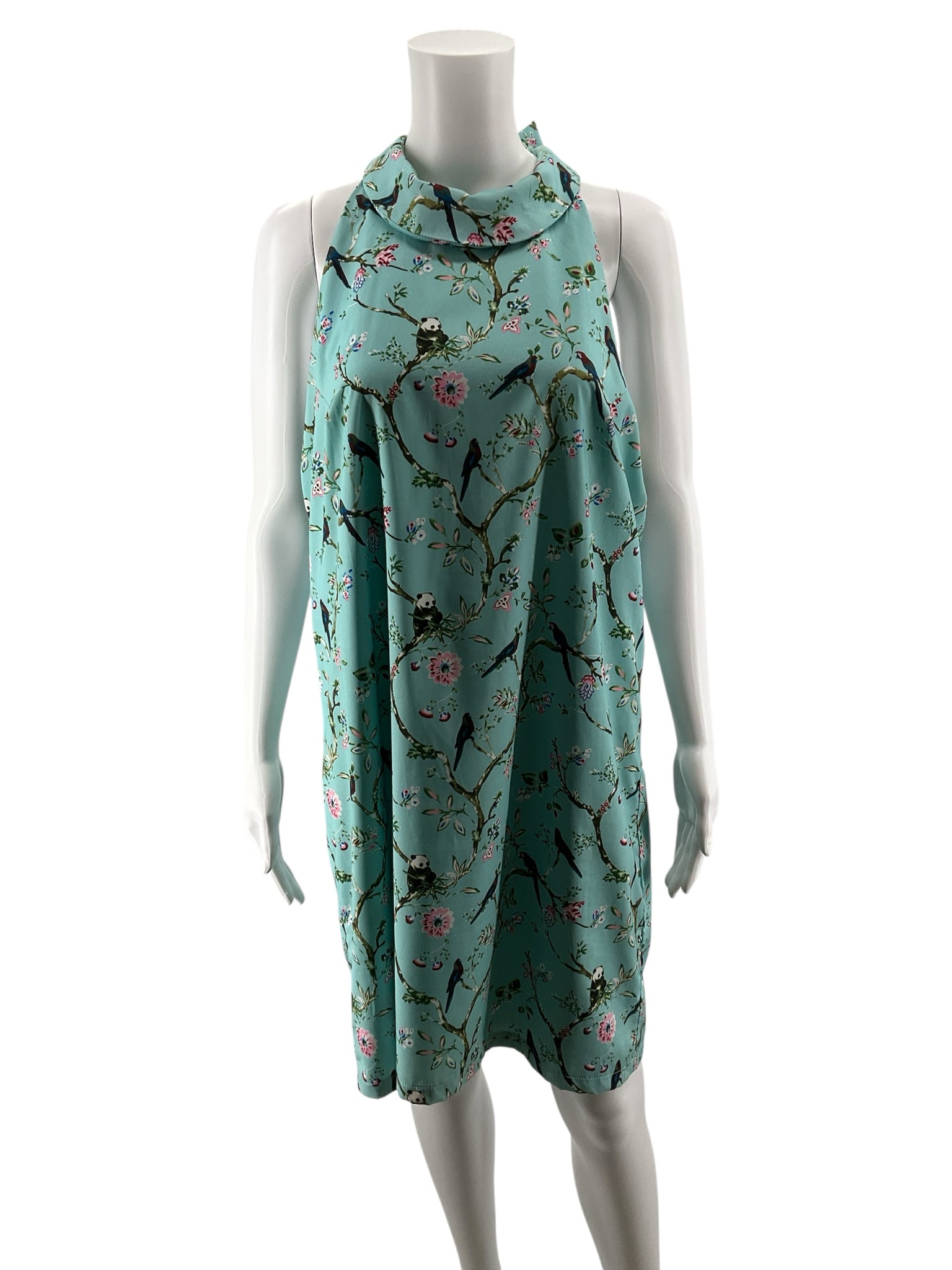 Holly Bracken Panda Bird Print Halter Neck Shift Dress Size Large