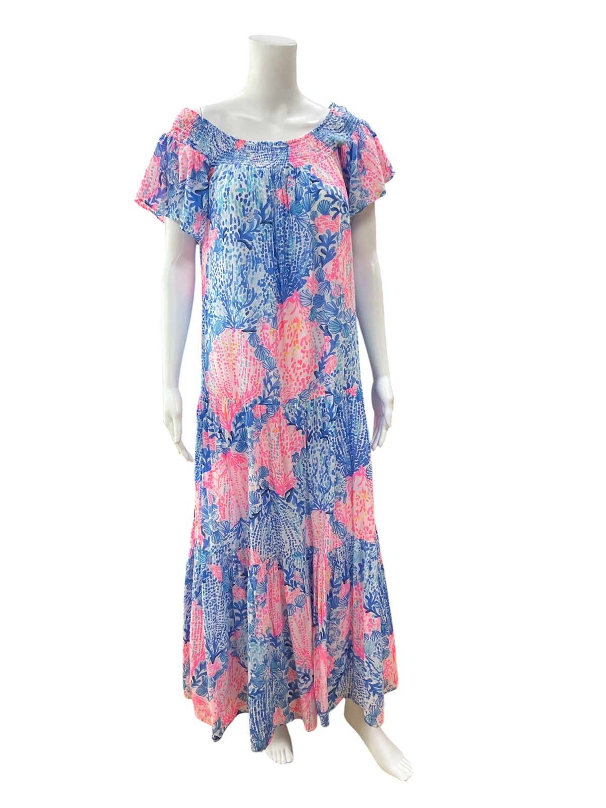 Lilly Pulitzer Pearl Off-Shoulder Maxi Dress Reel Nauti Print Size Large - ONLINE ONLY