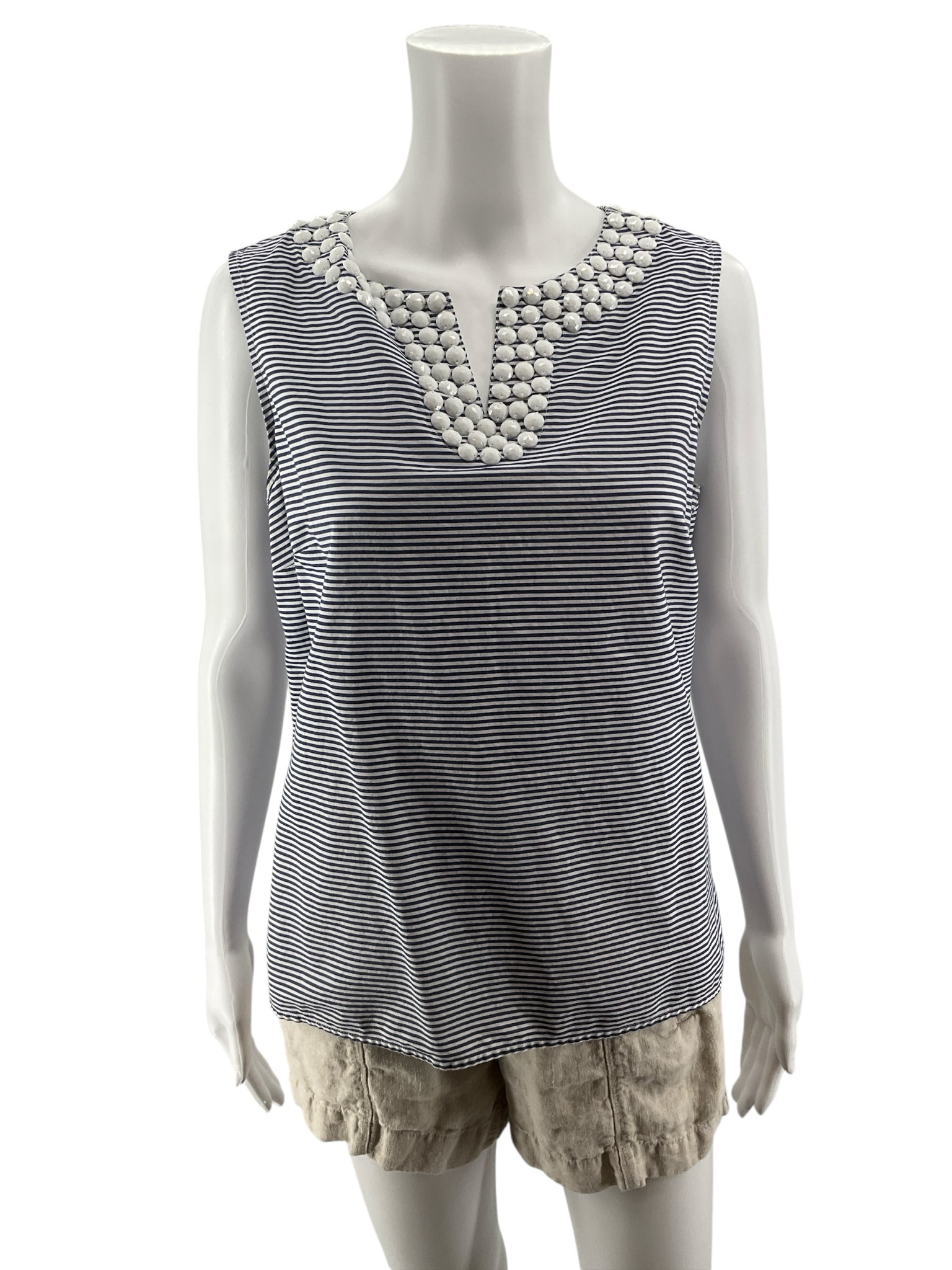 Talbots Petites Beaded Neckline Striped Shell Top Blue White Size 12P