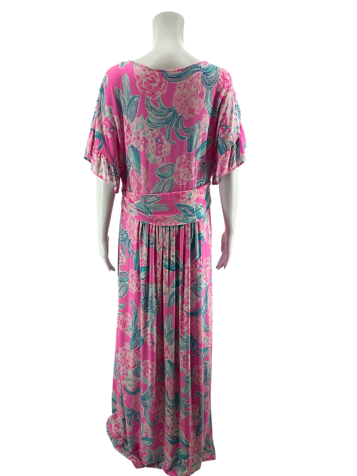 Lilly Pulitzer Pre-Owned Tropical Floral Flutter Sleeve Maxi Dress Size XL - Pink, Blue, White - ONLINE ONLY