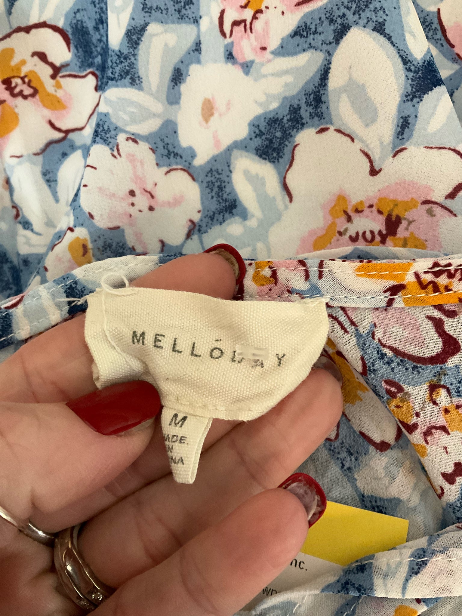 Melloday Floral Ruffle V-Neck Blouse Size Medium Blue White