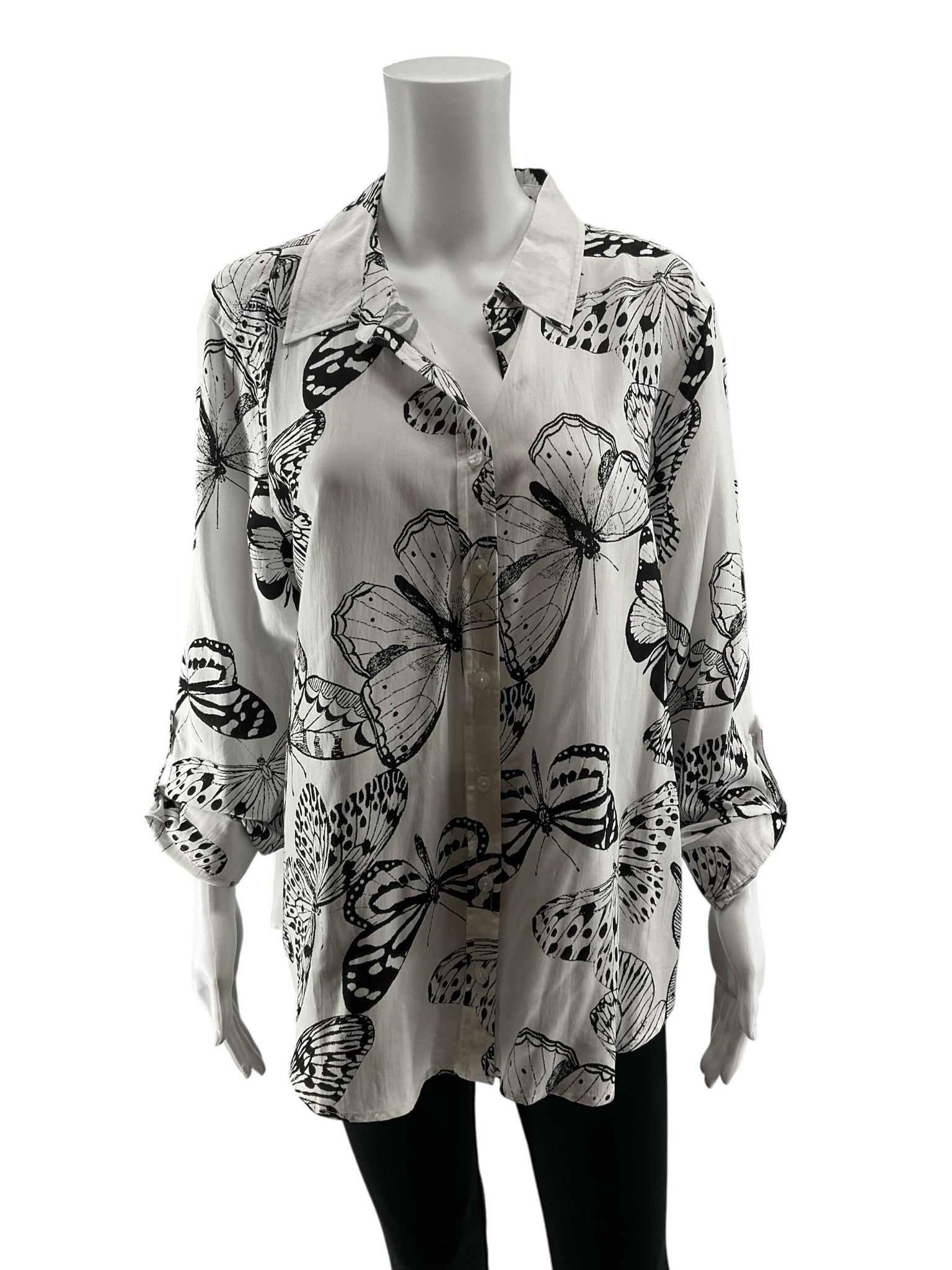 Jane & Delancey Butterfly Print Button Down Roll-Tab Blouse Size XL