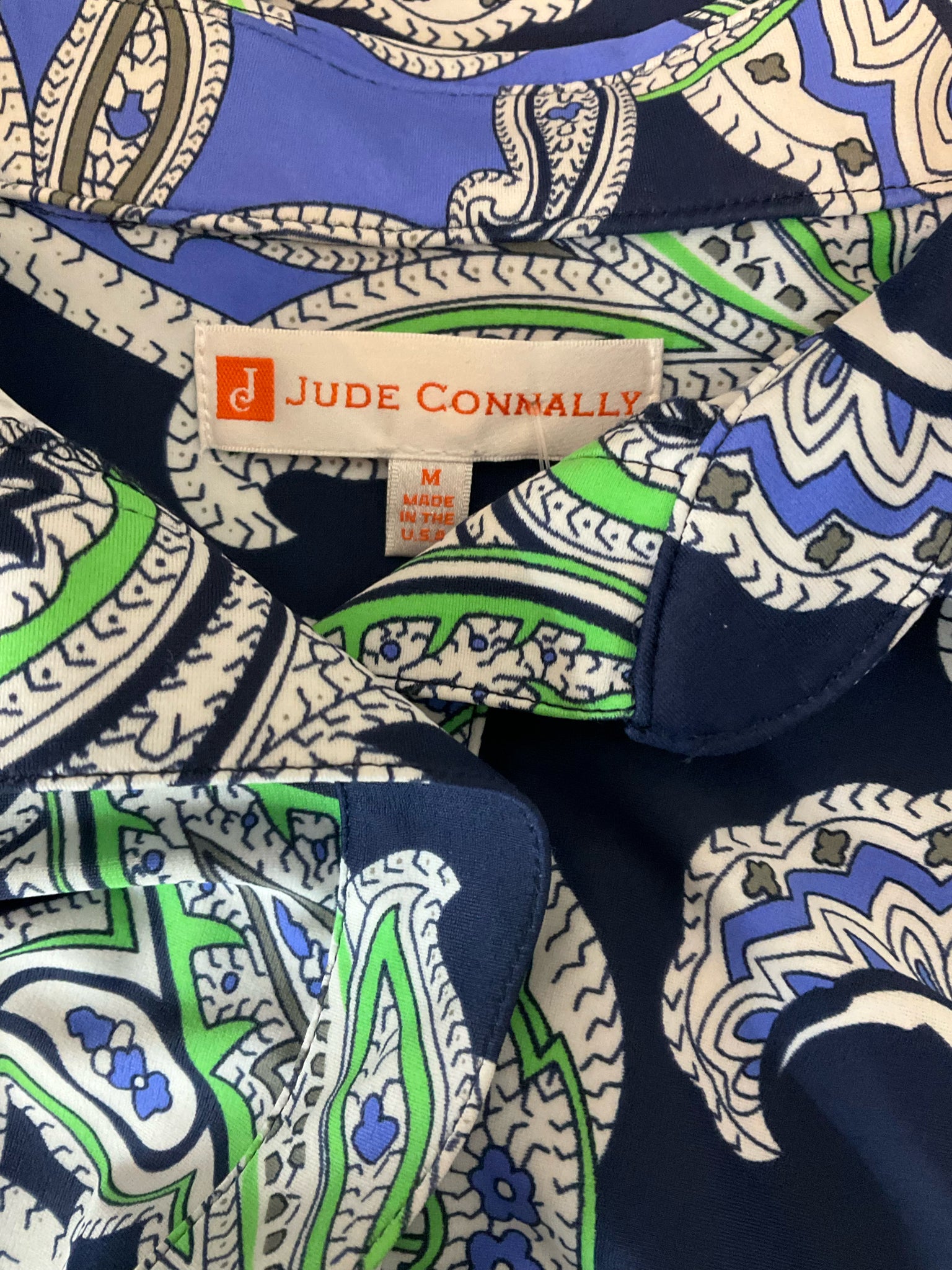 Jude Connally Trixie Tunic Top M Blue Green Paisley Roll Tab Sleeve Pre-Owned