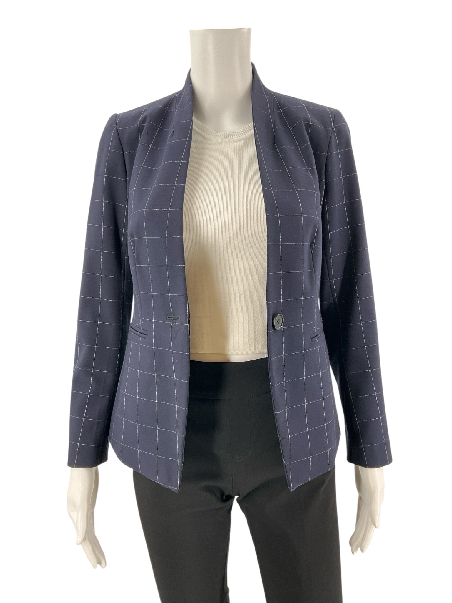 Ann Taylor navy and white checkered blazer for women, size 00 petite, featuring a tailored fit and stylish design.